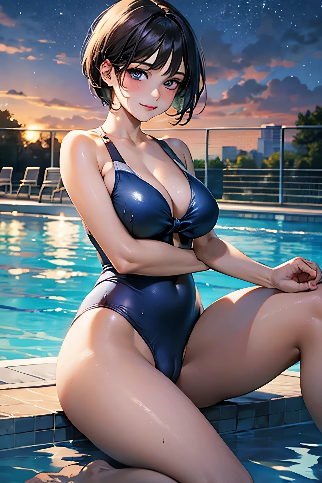 (masterpiece:1.2, highest quality), (Realistic, photoRealistic:1.4), Beautiful illustrations, (Natural Side Lighting, Cinema Lighting),
Looking at the audience, Upper Body, (Front view), (1 girl:1.5), Japanese, high school girl, Perfect Face, Symmetrical cute face, Shiny skin, Baby Face,
(short hair:1.5, Pixie Cut:1.4), Tie your bangs back, Red eyes, Long eyelashes, (Huge breasts), (Wide Hips:1.3),Plump thighs,Beautiful Hair, Beautiful Face, Beautiful and beautiful eyes, Beautiful clavicle, Beautiful body, Beautiful breasts, Beautiful thighs, Beautiful legs, Beautiful fingers, (Dark blue swimsuit:1.2),(One piece swimsuit), (High leg swimsuit),Wet body,(Beautiful views), Night Pool, (Cute Smile, Upper Eye), Browsing Caution,Wet Spandex,(Camel Toe:1.2),Poolside,(Spread your legs:1.5),(Sit on the stairs:1.2),
