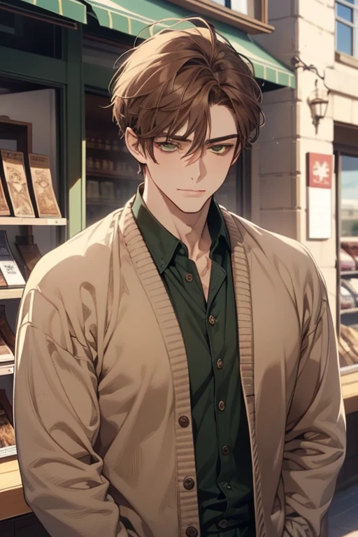masterpiece, best quality, realistic, 1man, mature male, quiet and charming young man, 35 years old, close his eyes, ((soft smile)), closed mouth, extremely detailed face, a little distant, ((dark green eyes)), ((short-side-swept sandy Brown hair)), [thick eyebrows], (caramel cardigan and brown trousers), (waiting in front of the store)