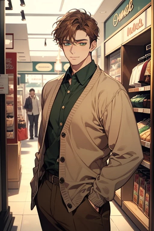 masterpiece, best quality, realistic, 1man, mature male, quiet and charming young man, 35 years old, close his eyes, ((soft smile)), closed mouth, extremely detailed face, a little distant, ((dark green eyes)), ((short-side-swept sandy Brown hair)), [thick eyebrows], (caramel cardigan and brown trousers), (waiting in front of the store)