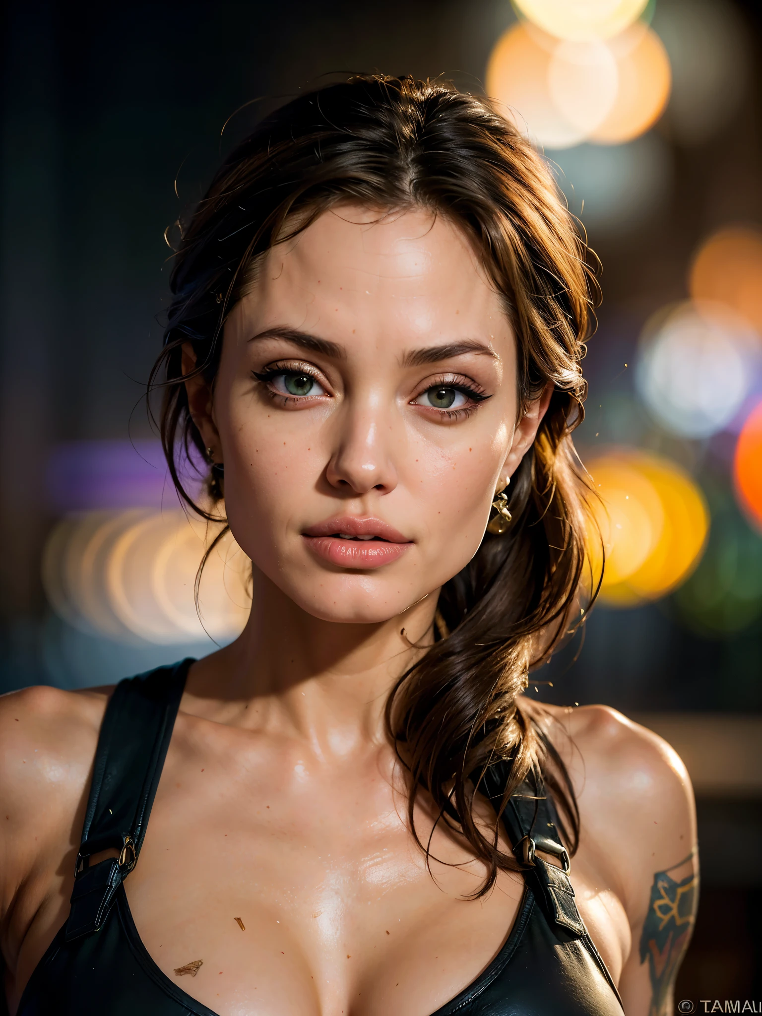 (best quality, masterpiece, highest detailed), (photorealistic:1.2), raw photo, magnificent portrait of Angelina Jolie as Lara Croft, tomb raider, black background , (vibrant color), (intricate details), exposure blend, bokeh, dim light, (hdr:1.4), high contrast, (muted colors, dim colors, soothing tones:1.3), low saturation, morbid