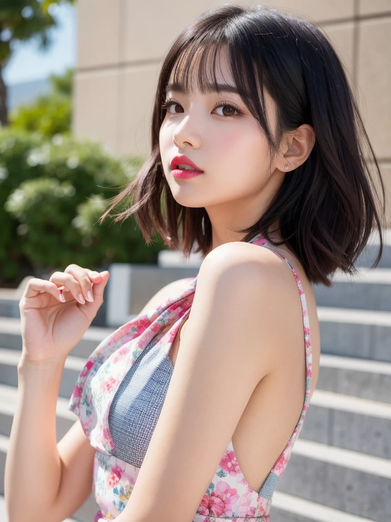 (8k, Photorealistic, Raw photo, Highest quality: 1.4),Japanese idol style１Beautiful girl of the person,18-year-old,Short bob hairstyle,Black Hair,My hair is blowing in the wind,Big, clear grey eyes,Long eyelashes,Plump Cheeks,She is wearing pink lipstick,Apply gloss over your lipstick for glossy, plump lips,She is wearing a sleeveless patterned dress,Full body portrait