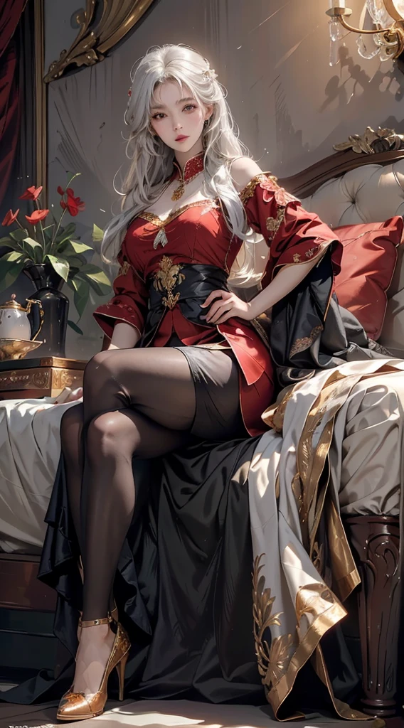 ((masterpiece, best quality)), Delicate face, Character Design Sheet，Full Body Love, Rich in details, Multiple poses and expressions, Very detailed, depth, Many parts，beautiful girl，light，Luminescence，Red and Gold，Phoenix decoration，Gauze，Lace，Lace连裤袜，High heel