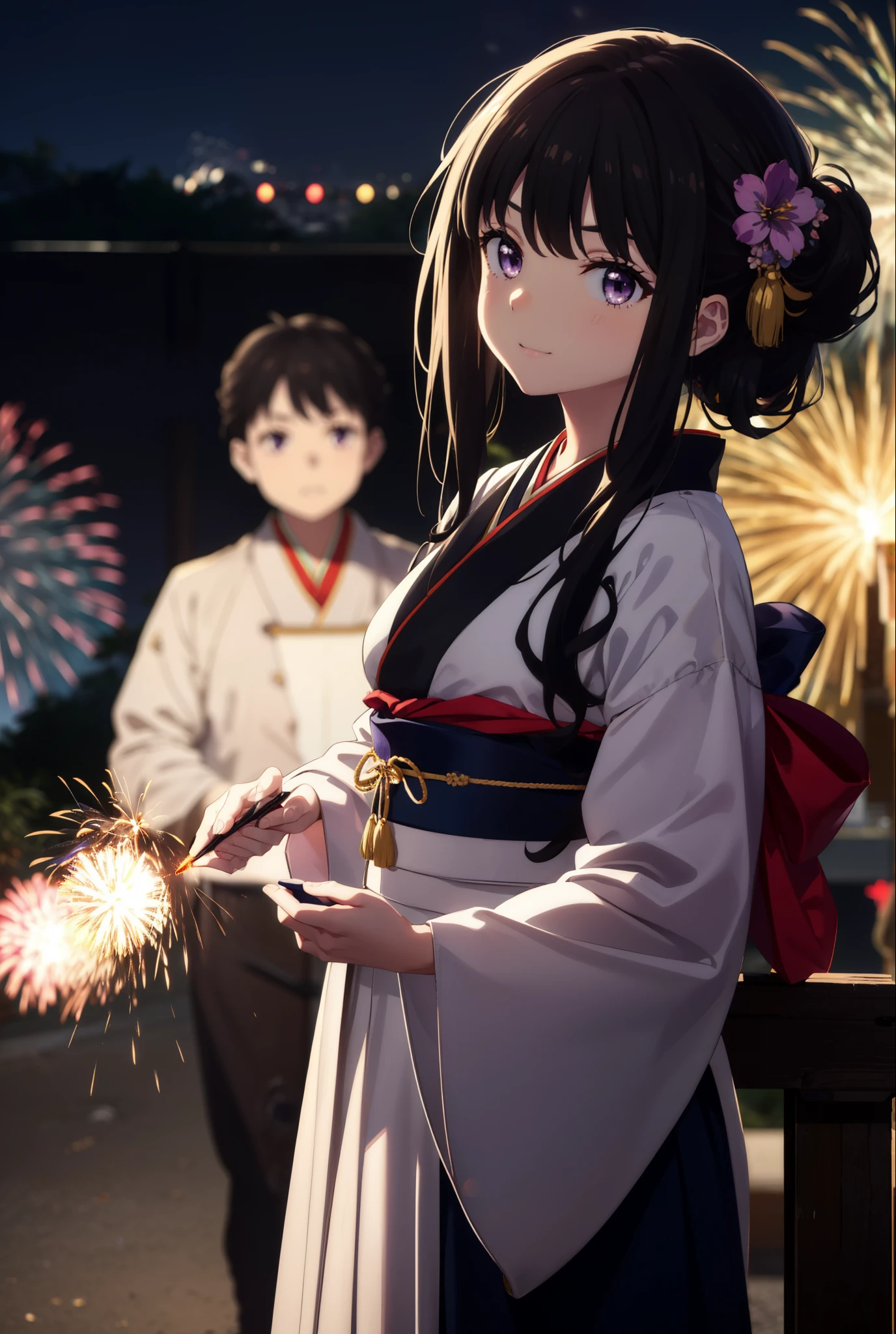 Takiuchi, Check it out,One Girl, Long Hair, bangs, Black Hair, (Purple eyes:1.2),Flower Hair Ornaments,hair tied back,smile,blush,Embarrassing,Blue Kimono,Blue long skirt,Sandals,日本のfestival，夏festivalの屋台、Red lantern,Fireworks in the night sky,Fireworks,The place is a fireworks display,Time is night,whole bodyがイラストに入るように,Looking up from below、Walking,
break outdoors, festival,shrine,
break looking at viewer, whole body,  (Cowboy Shot:1. 5)
break (masterpiece:1.2), highest quality, High resolution, unity 8k wallpaper, (figure:0.8), (Beautiful fine details:1.6), Highly detailed face, Perfect lighting, Highly detailed CG, (Perfect hands, Perfect Anatomy),