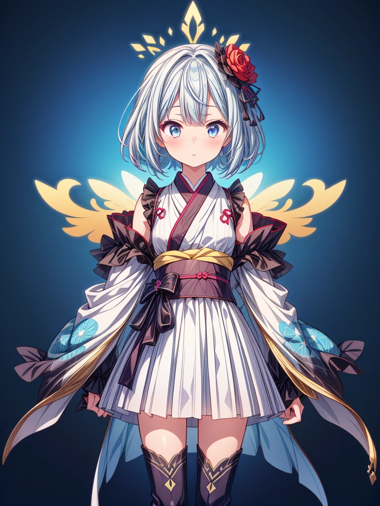 (((1girl)))、Star Fairy、vtuber-halfbody、(((highest quality、Masterpiece、The best composition、Golden Ratio、Official Art、Super detailed、Super detailedな目)))、ultra detailed, from front, headshot、 blue and white hair color、Short bangs above eyebrows、Short Hair、Standing in front of the viewer、A galaxy patterned outfit made from a remake of kimono and gothic ta, with dark blue and light blue as the main colors.、Knee-high boots、Pure white simple background、