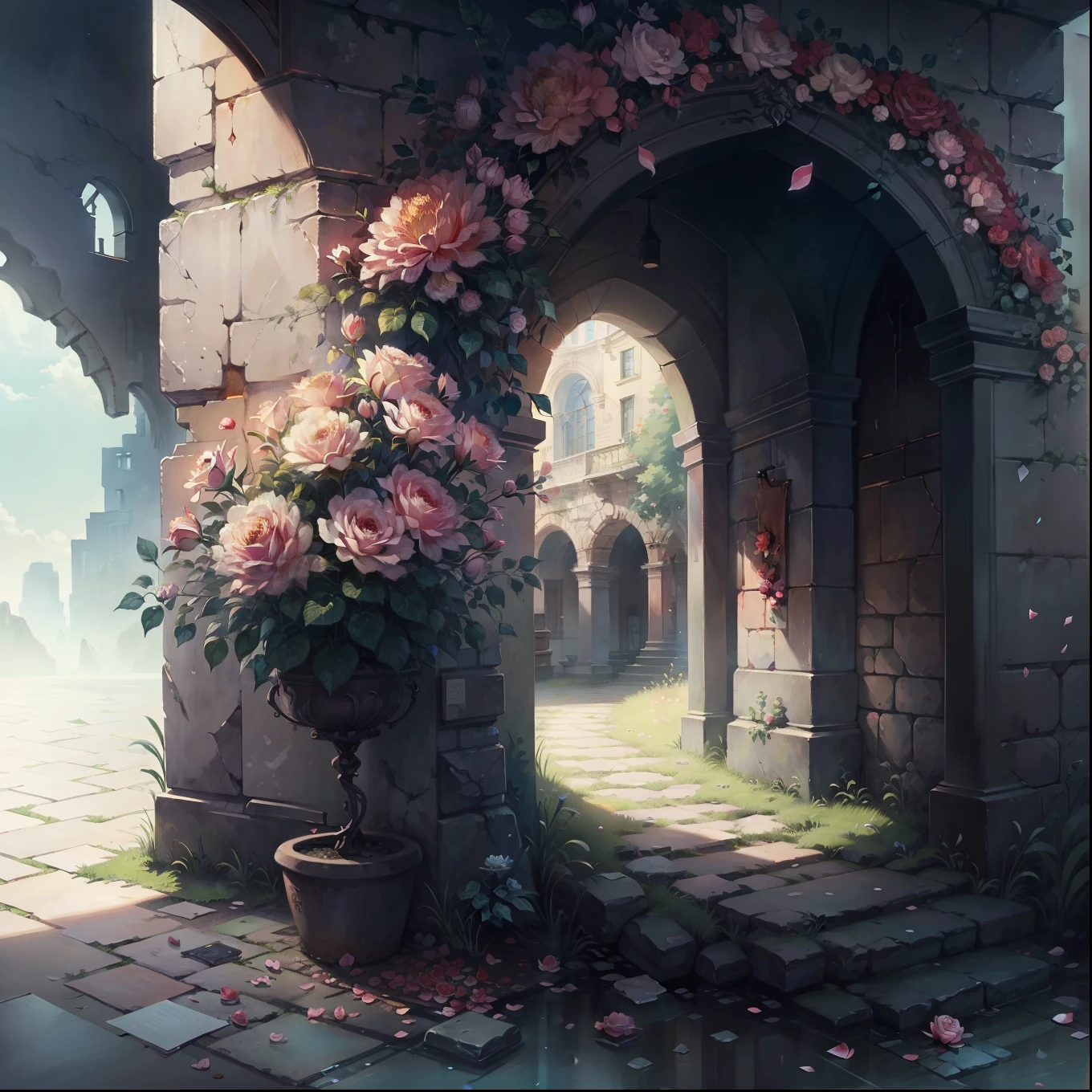 The original，（Implications：1.1），（Best quality），（masterpiece：1.1），（Extremely detailed CG Unity 8K wallpaper），（a color：1.2），Rose Arch，Rose flower petals，landscape