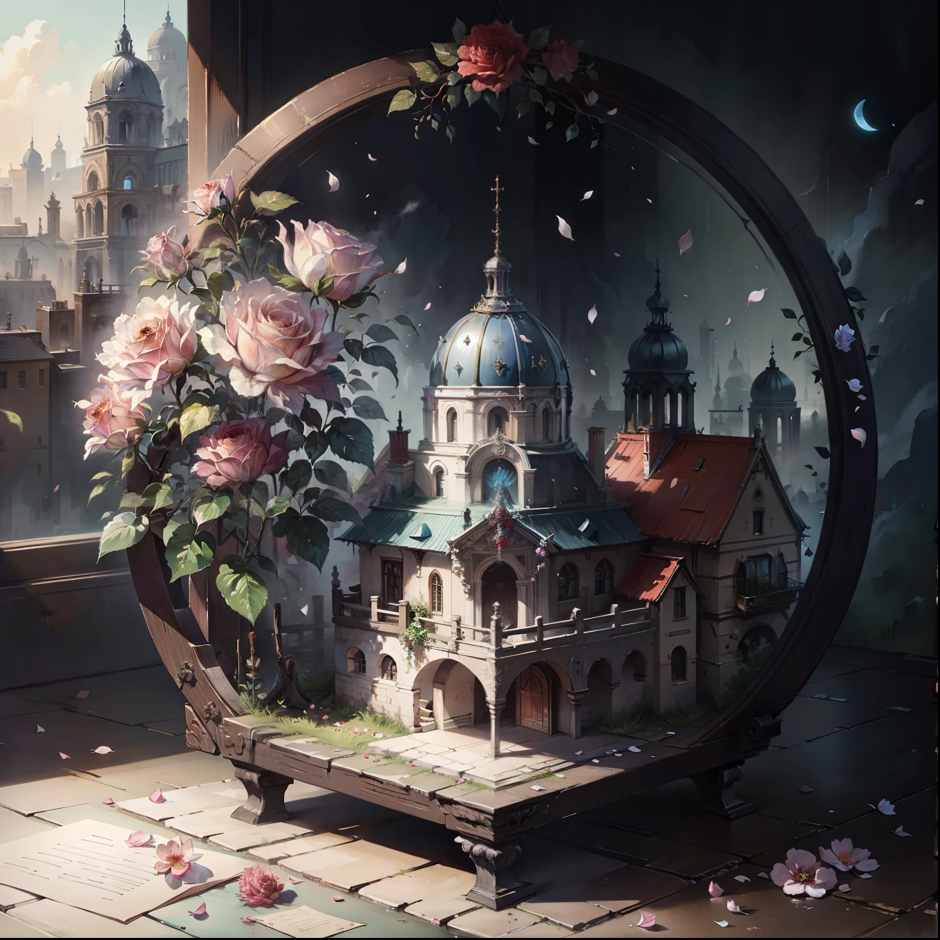 The original，（Implications：1.1），（Best quality），（masterpiece：1.1），（Extremely detailed CG Unity 8K wallpaper），（a color：1.2），Rose Arch，Rose flower petals，landscape