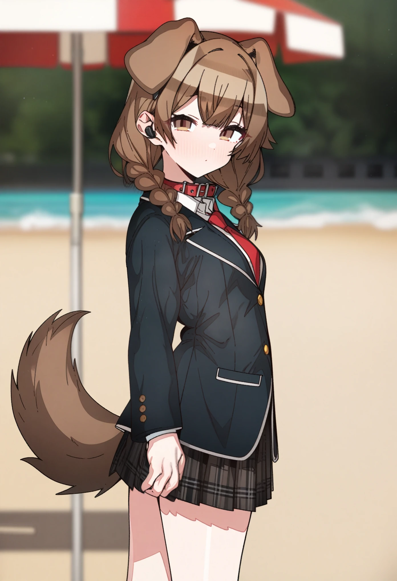 hoshino_(blue_archive) with brown hair and brown eyes, Artist, erere, Copyrights, idolmaster, idolmaster_shiny_colors, Character, General, 1girl, brown_hair, blunt_bangs, blush, medium_breasts, breasts, detailed eyelashes, beatiful girl:1, brown_eyes, censored, school_uniform, pleated skirt, blazer, red tie, dog_tail, animal_collar, twin_braids, dog_ears, bone_hair_ornament, :|, (full_body), standing in middle, beach_umbrella), sky:0.7, half-closed_eyes, detailed, sand, outdoors, from_side, looking_at_viewer, masterpiece, best_quality, great_quality, girl, solo, center_composition, centered character, cute
