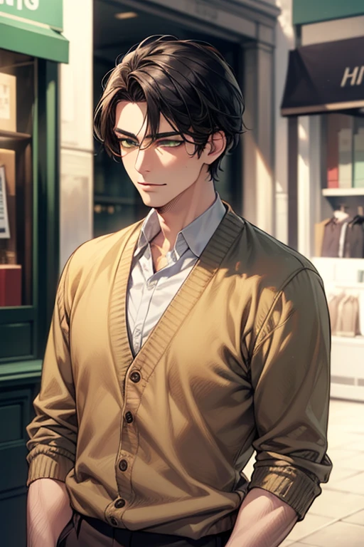 masterpiece, best quality, realistic, 1man, mature male, quiet and charming young man, 35 years old, close his eyes, ((soft smile)), closed mouth, extremely detailed face, a little distant, ((dark green eyes)), ((short-side-swept sandy black hair)), [thick eyebrows], (caramel cardigan and brown trousers), (waiting in front of the store)