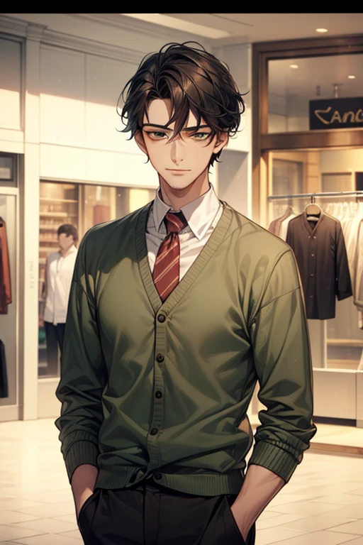 masterpiece, best quality, realistic, 1man, mature male, quiet and charming young man, 35 years old, close his eyes, ((soft smile)), closed mouth, extremely detailed face, a little distant, ((dark green eyes)), ((short-side-swept sandy black hair)), [thick eyebrows], (caramel cardigan and brown trousers), (waiting in front of the store)