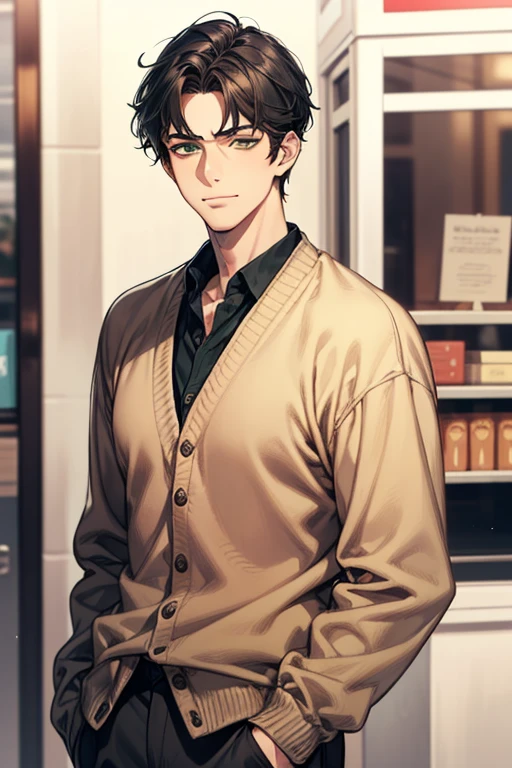 anime man in knitted cream sweater with coffee, pastry, cinnamon buns, bagels, cozy coffee shop, short dark hair, ultra detailed full body shot of man, ultra perfectly detailed, head to toe image, depth of field, hyper detailed gorgeous face, natural body posture, 64k, ultra detailed, ultra accurate detailed