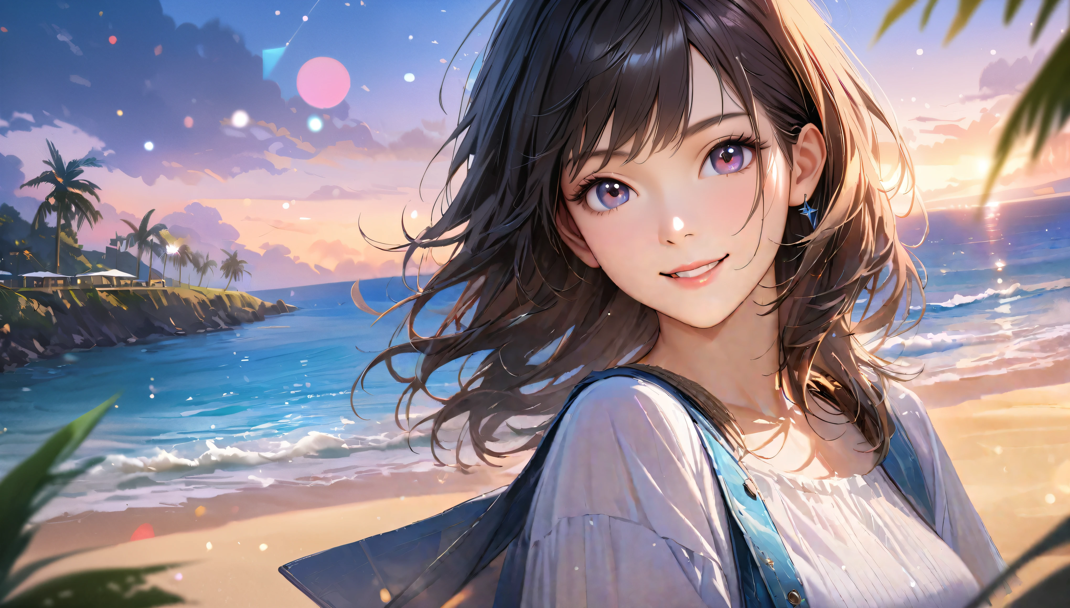 Sparkling sea and tropical ocean, Sunny sky with fluffy white clouds, Palm trees along the coast, Blur the background,Pleasant sea breeze,Young woman with dark hair, smile,Glitter effect,highest quality, 4K, 8k, High resolution, masterpiece:1.2, Very detailed, Realistic:1.37, High resolution, 超High resolution, Studio Lighting, Ultra-fine painting, Sharp focus, Physically Based Rendering, Very detailed explanation, Professional, Vibrant colors, Bokeh, Portraiture, landscape, photograph. Blue dominates the color palette