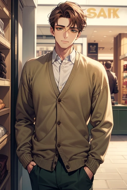masterpiece, best quality, realistic, 1man, mature male, quiet and charming young man, 35 years old, close his eyes, ((soft smile)), closed mouth, extremely detailed face, a little distant, ((dark green eyes)), ((short-side-swept sandy Brown hair)), [thick eyebrows], (caramel cardigan and brown trousers), (waiting in front of the store)