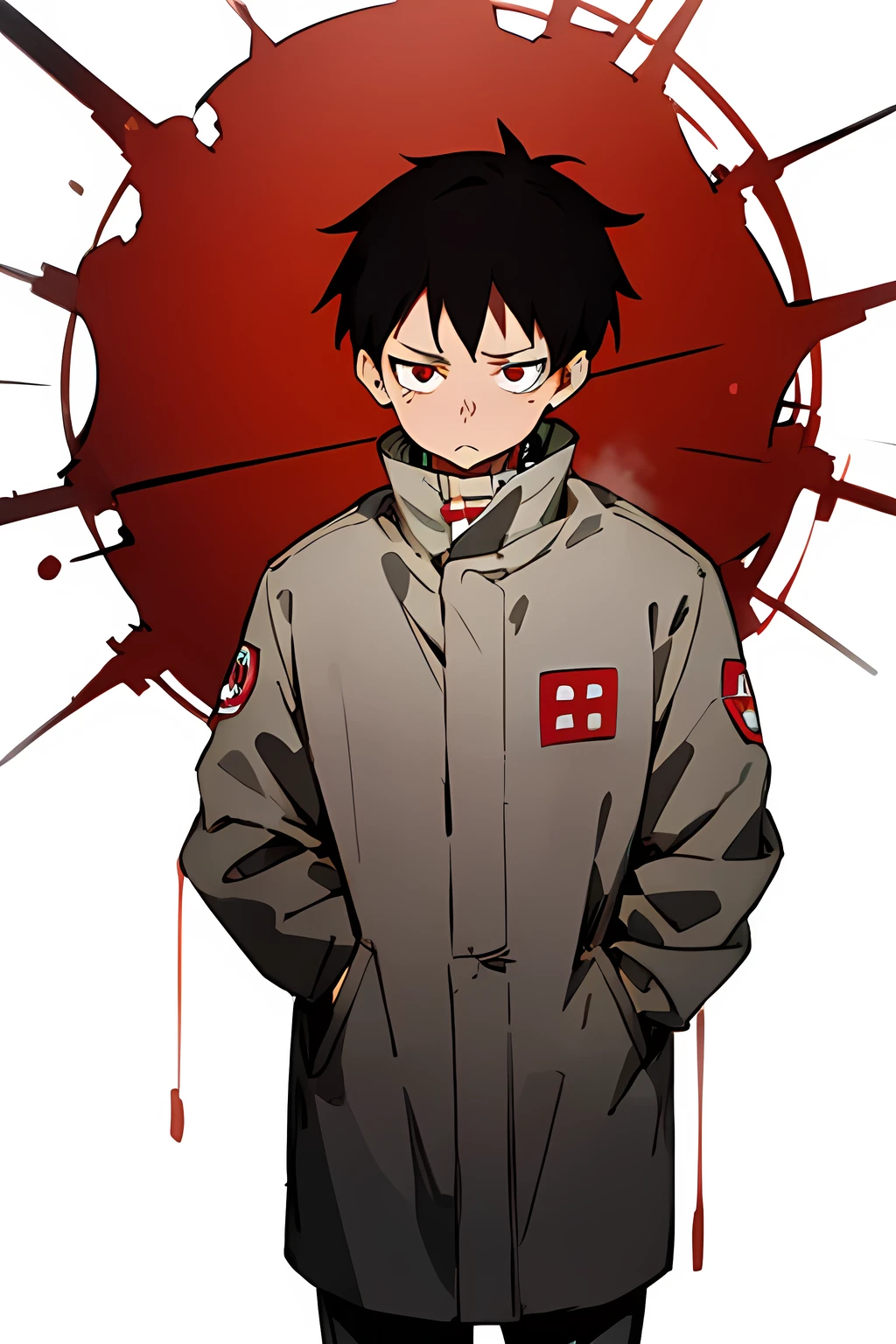 best quality,highly detailed,masterpiece,ultra-detailed,solo,(Delicate eyes),(white background:1.3),red eyes,standing,coat, looking_at_viewer,earrings,kusakabe shinra, anime