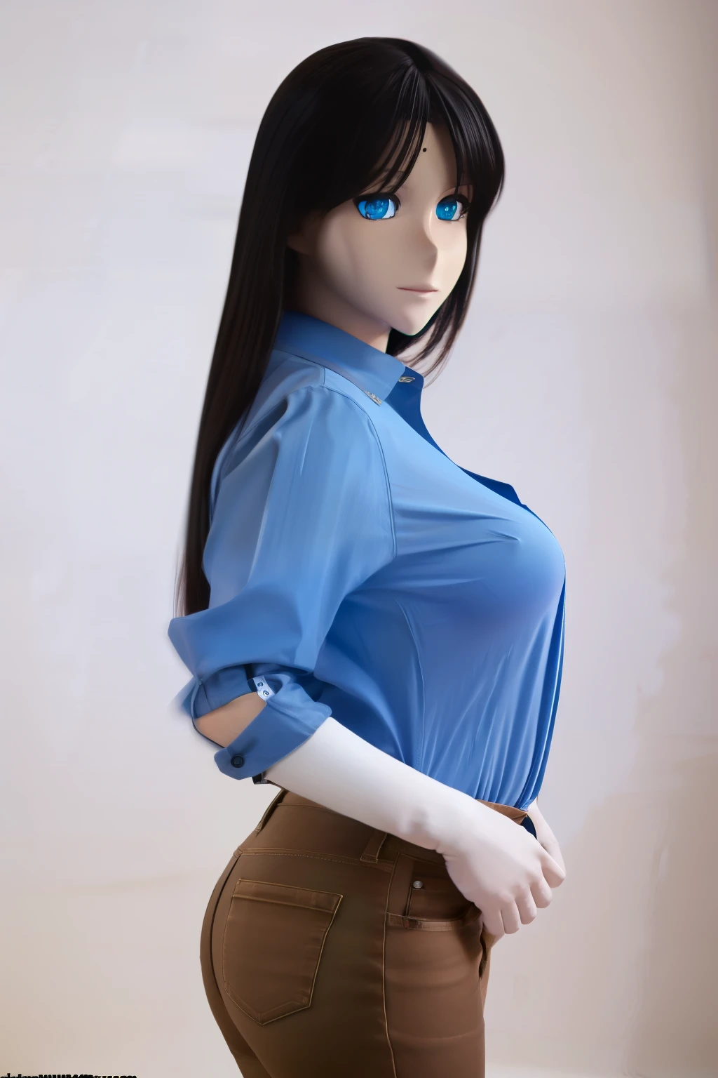 ultra high definition, highres, animatronic housewife, black hair, blue eyes, blue shirt, jeans, glowing eyes, standing erect, nsfw