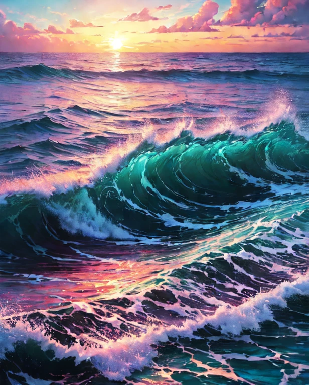 a painting of a sunset over the ocean, oil painting, tumblr, wallpaper anime blue water, pink and blue and aquamarine green colour, clouds and waves, rossdraws pastel vibrant, endless sea, magenta and blue