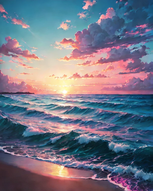 a painting of a sunset over the ocean, oil painting, tumblr, wallpaper anime blue water, pink and blue and aquamarine green colour, clouds and waves, rossdraws pastel vibrant, endless sea, magenta and blue