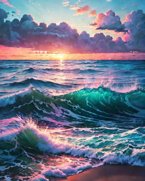 a painting of a sunset over the ocean, oil painting, tumblr, wallpaper anime blue water, pink and blue and aquamarine green colour, clouds and waves, rossdraws pastel vibrant, endless sea, magenta and blue