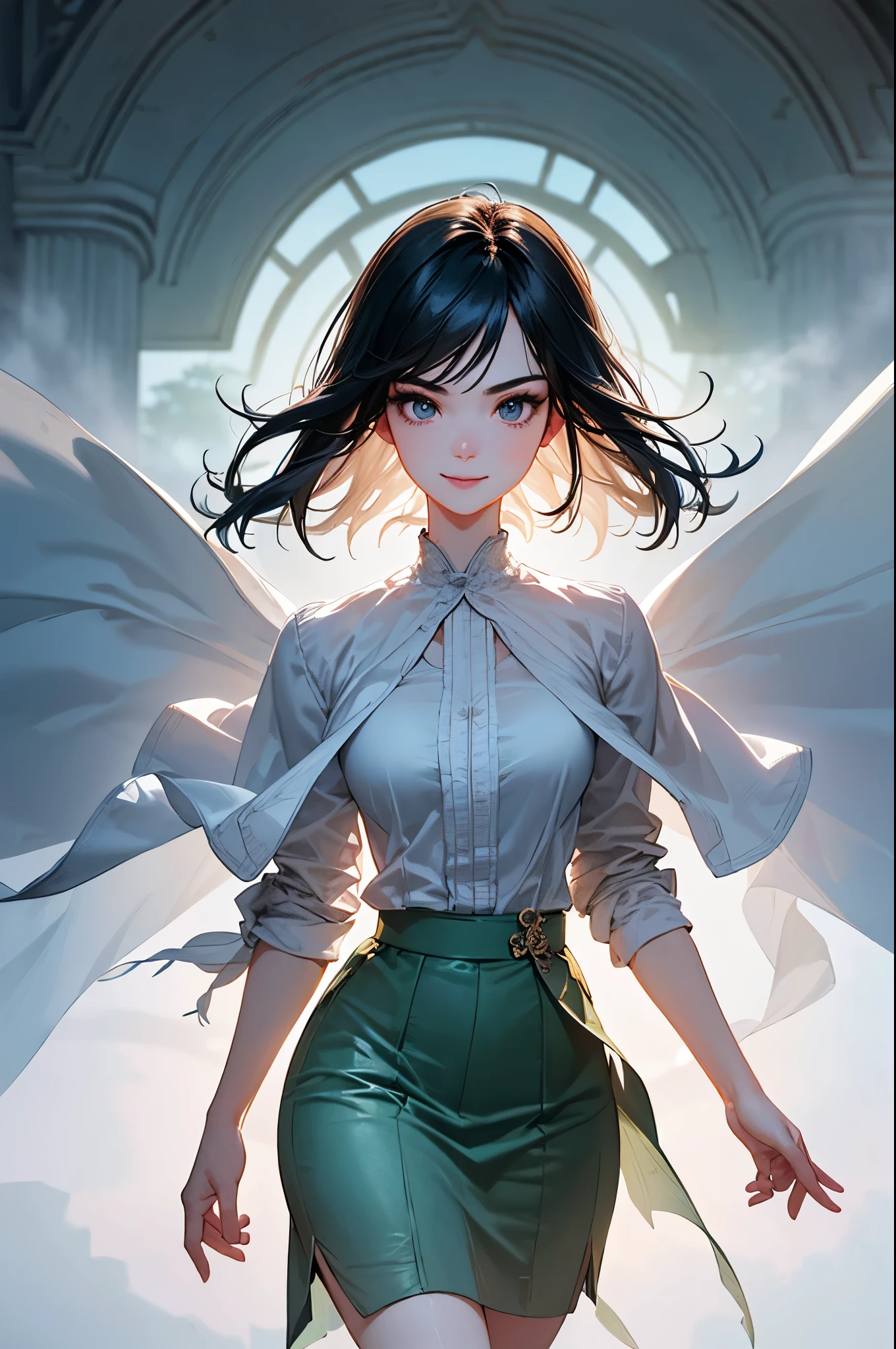((Biologically correct limb count))、(( Illustrations including faces))、4K、Masterpiece、((Focus on the face))、((Symmetrical, well-proportioned facial features))、Eyes with delicate depictions、Beautiful woman、Outstanding style、Slender Body、(uniform、shirt、High heels、((skirt)))、(Looking up、smile)、((Upper body close-up))、((Realistic photo))、profile、The background is a park full of greenery in the morning、The old castle is faintly visible、(((Thick Fog、The fog makes it hard to see)))