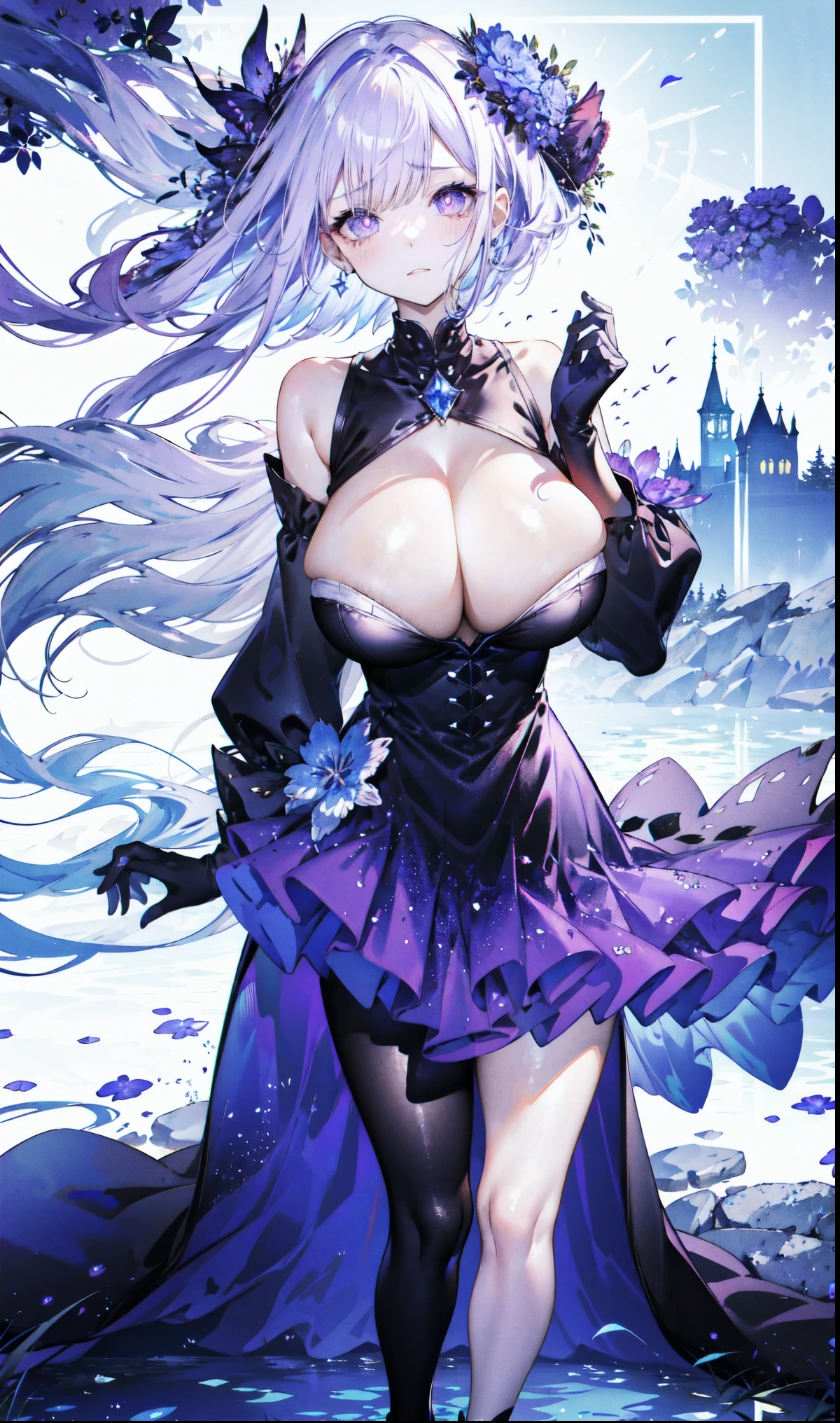 ((masterpiece:1.4,best quality)),(Super detailed),(Extremely detailed eyes),(black leggings,Shiny socks:1.5),Hello Darkness
(Cute girls),,(Blood-red pupils,Diamond-shaped pupil:1.15),Purple Eyeshadow,(elongated hair,Thick hair,Single ponytail,shiny hair:1.5)(Changes through:1.2),White skin,despair,sad,Empty eyes,tears streaming down my face,tilting its head to the side,
(She wore a blue dress,:1.5),(Black gloves:1.4)Very long plush sleeves,White,White Cloud,Dream bubbles ,Ice and glitter effects
(Black long skirt:1.1),
(dawn:1.2),
(Intense black and white:1.16),(Depth of Field:1.4),,Intricate details,(((Detailed background,full-body shot,Castle in the Sky,Standing by the lake,Purple flowers by the lake))),(((Huge breasts,Bare breasts,Deep cleavage)))