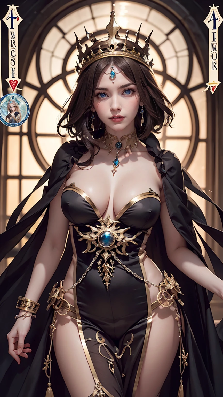 Symmetrical tarot card concept art、Dunham (Very provocative)+ Elven Queen Costume, Lovecraftian Madness Theme,  Lee Bersten, Tarot 512, 8k, High detail, complicated