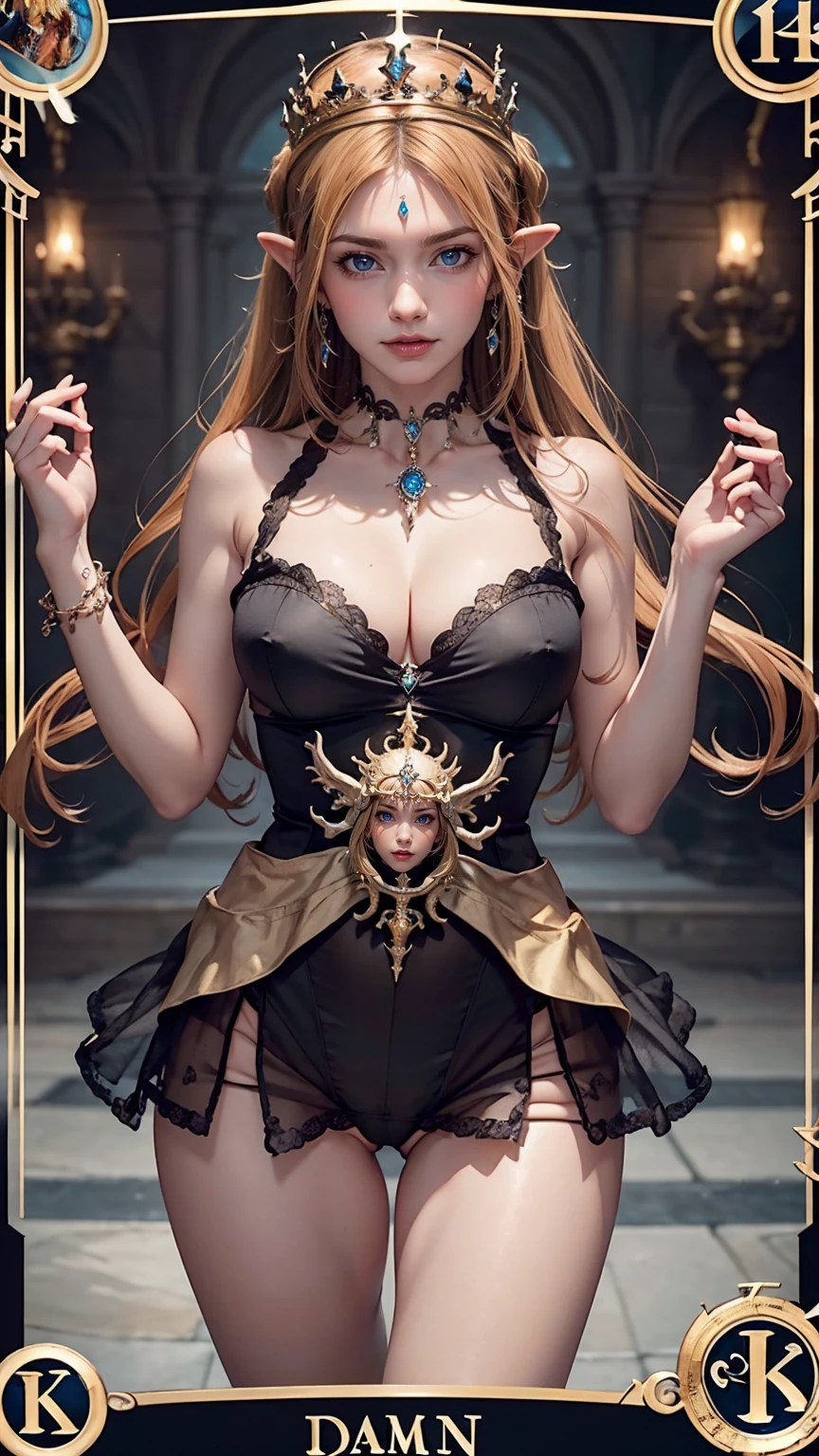 Symmetrical tarot card concept art、Dunham (Very provocative)+ Elven Queen Costume, Lovecraftian Madness Theme,  Lee Bersten, Tarot 512, 8k, High detail, complicated