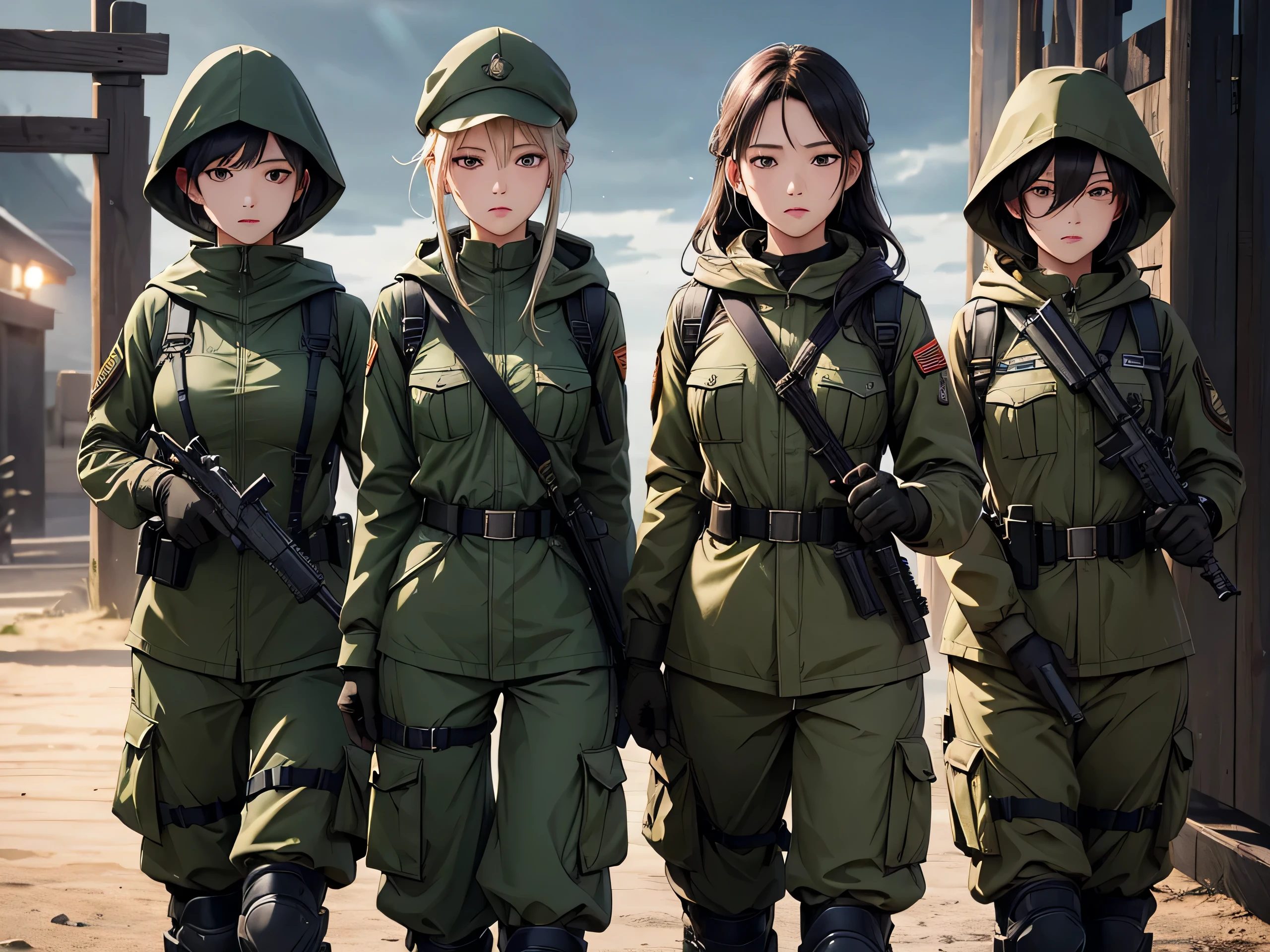 Five female soldiers in dark green hooded military uniforms、Stand close together、military trousers、Bullet belt、Tactical harness、Have a gun in hand、Knee pads、Military base gate,Write details、masterpiece、best quality、Highly detailed CG、8K picture quality、theater lighting、lens flare