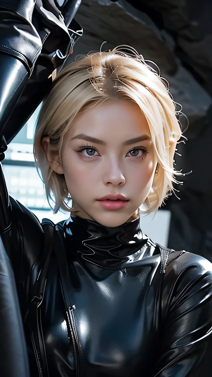 (((Face close-up))), sexy, ((Blonde short hair)), black eye, Excellent, (Black latex leotard), Black boots, Black gloves, 黒いHigh heel boots、 (Short blonde hair), Black latex leotard, (Black long boots), (Black Leather Gloves), High heel boots、((Portraiture))、 Black latex leotard, ((Stand and pose)), masterpiece, 最high quality, high quality, High resolution、((In a dark cave))、Black Theme, High-legged leotards, The line of sight is this、((Face close-up)),