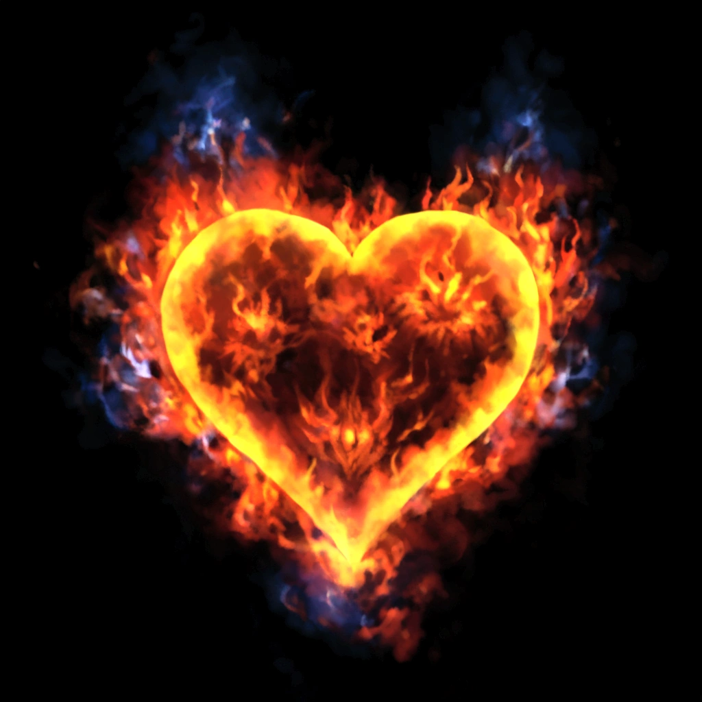 a heart shaped fire on a black background, flaming heart, heart effects, real heart, real heart! sacred flame spell, burning, โค๐ฅ๐๐ช, in flames, Molten, Smoldering, love is the beginning of everything, set on fire, in love, unknown, magic heart, (heart), fire and flame, gothic deer, heart.