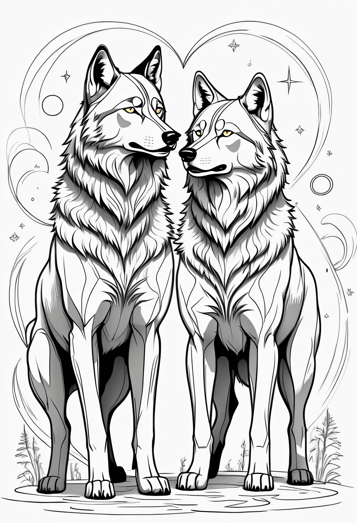 b/w vector illustration line outline of abstract graffiti outline of full body wolves, love, black and white line drawing, coloring book page, no noise, autline art, isolated on a white background, coloring pages,(((((white background))))), only use outline, cartoon stzle, soloring book, clean line art, white background
