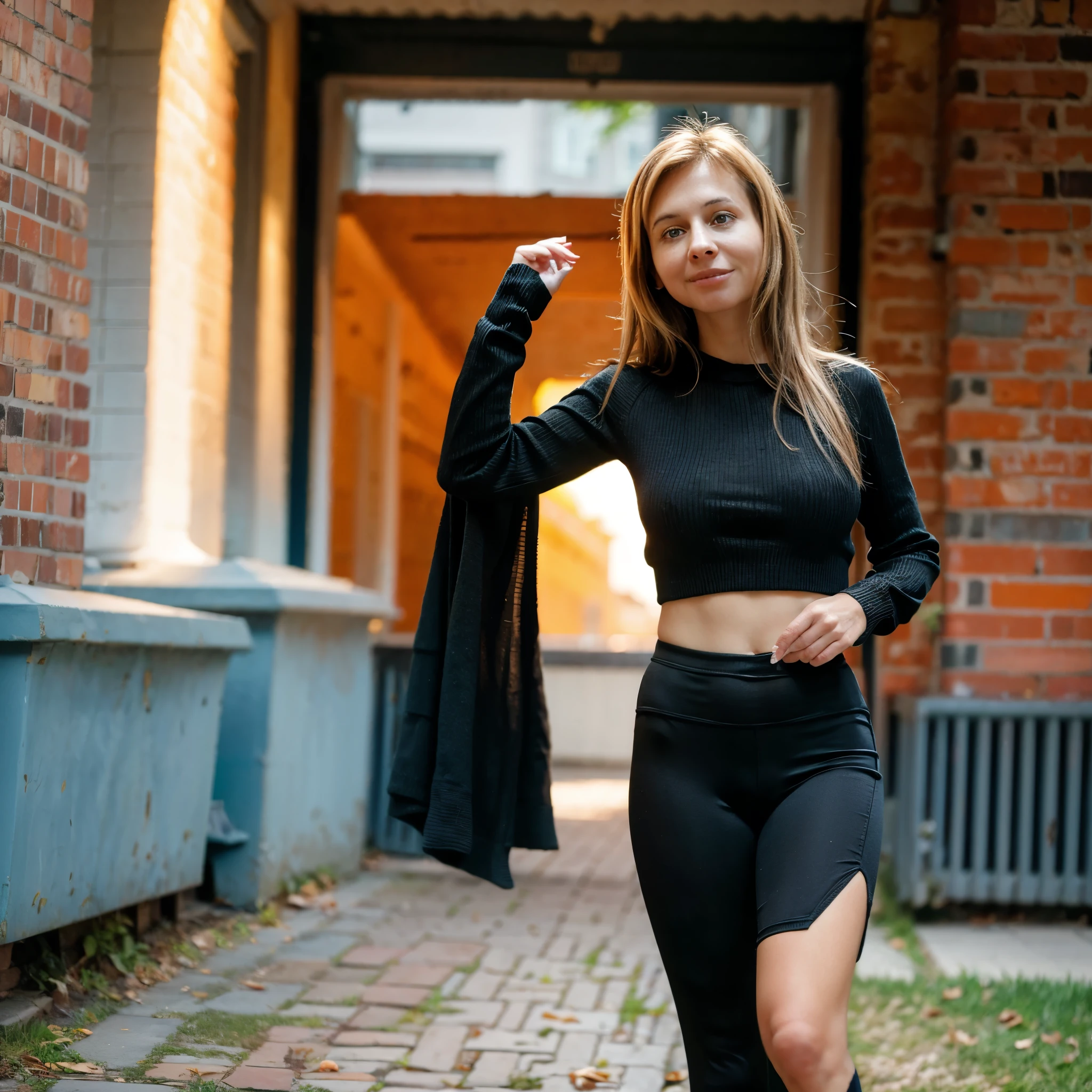 A female model Vika standing against a bricks wall background, wearing a black, cozy, long-sleeve sweater with rolled-up sleeves and black pants. She has long, straight hair and a subtle smile. The overall feel is casual yet stylish. shot on Leica M3 135mm f1.8 len, detailed image