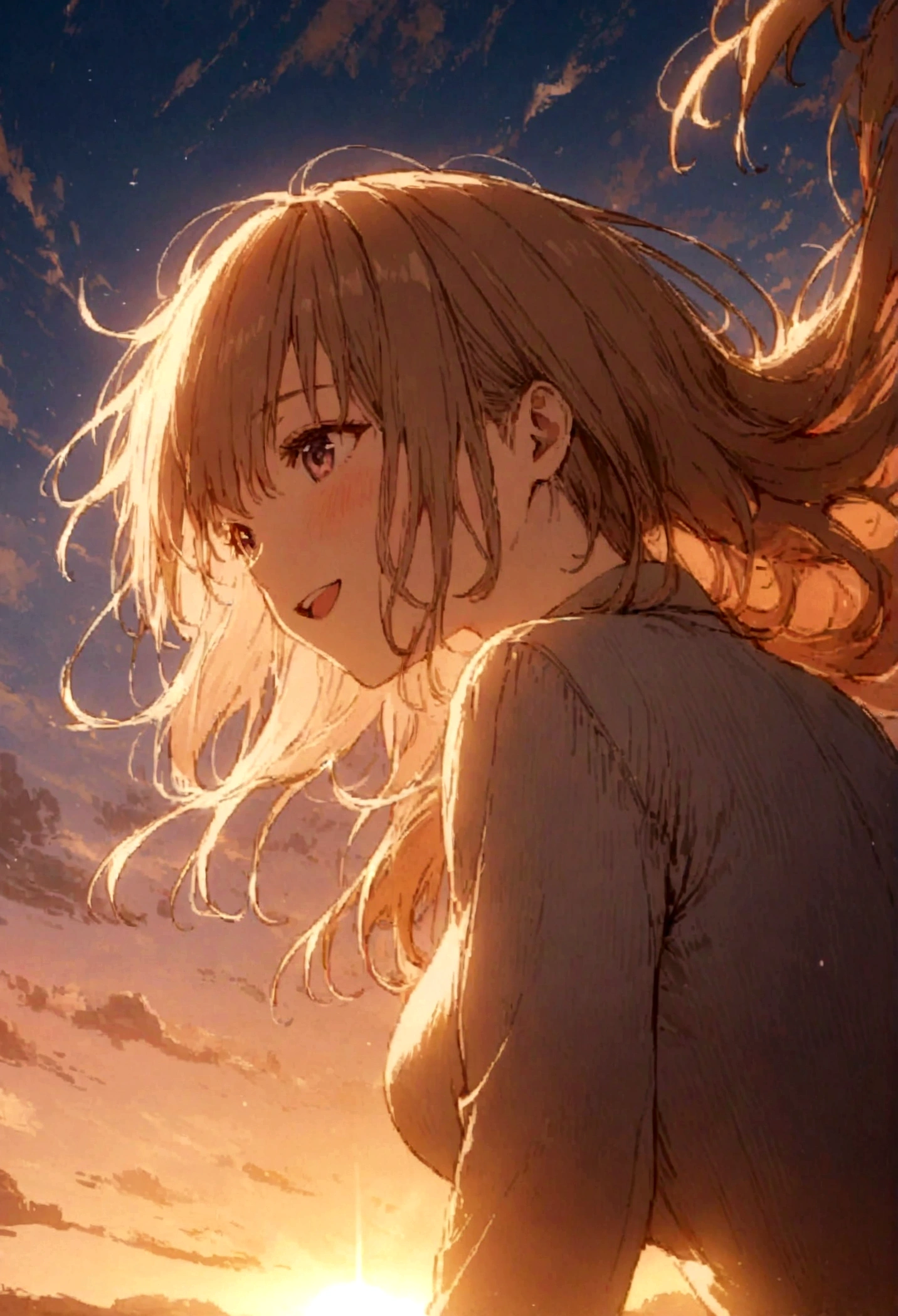 masterpiece, highest quality, Movie stills, One girl, Cloud Girl, Floating in the sky, close, bright, Happy, Warm and soft lighting, sunset, (spark:0.7)