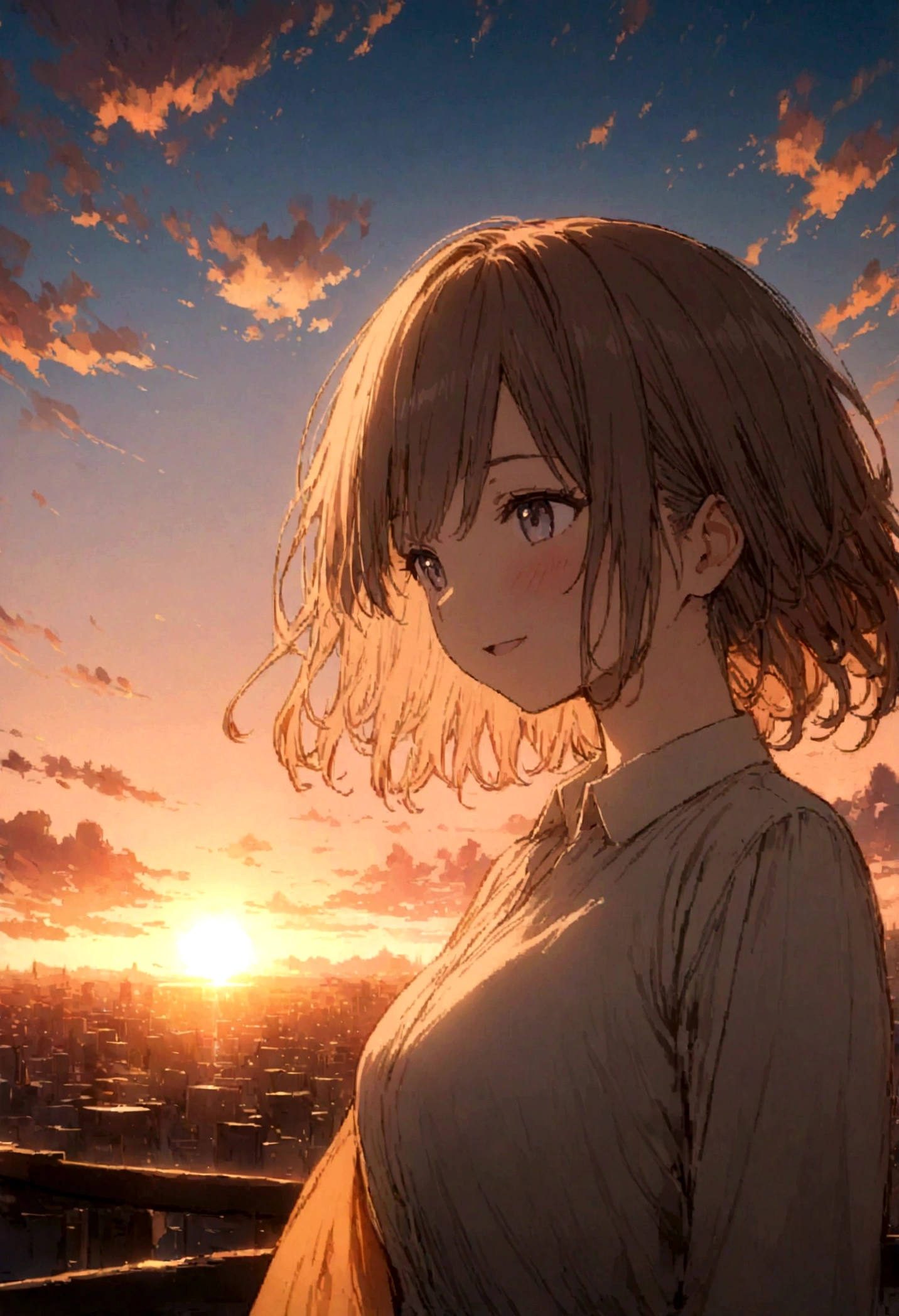 masterpiece, highest quality, Movie stills, One girl, Cloud Girl, Floating in the sky, close, bright, Happy, Warm and soft lighting, sunset, (spark:0.7)