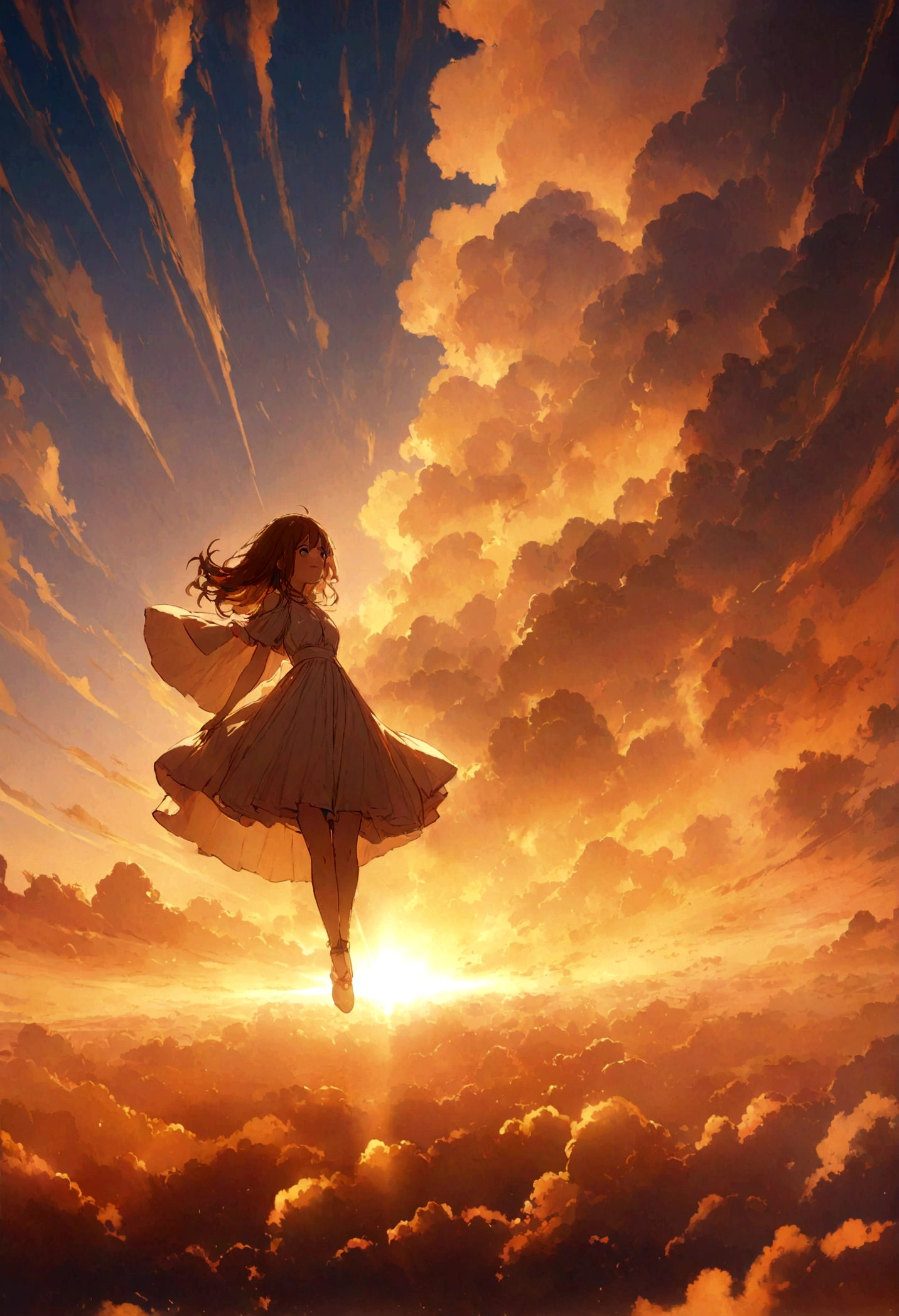 masterpiece, highest quality, Movie stills, One girl, Cloud Girl, Floating in the sky, close, bright, Happy, Warm and soft lighting, sunset, (spark:0.7)