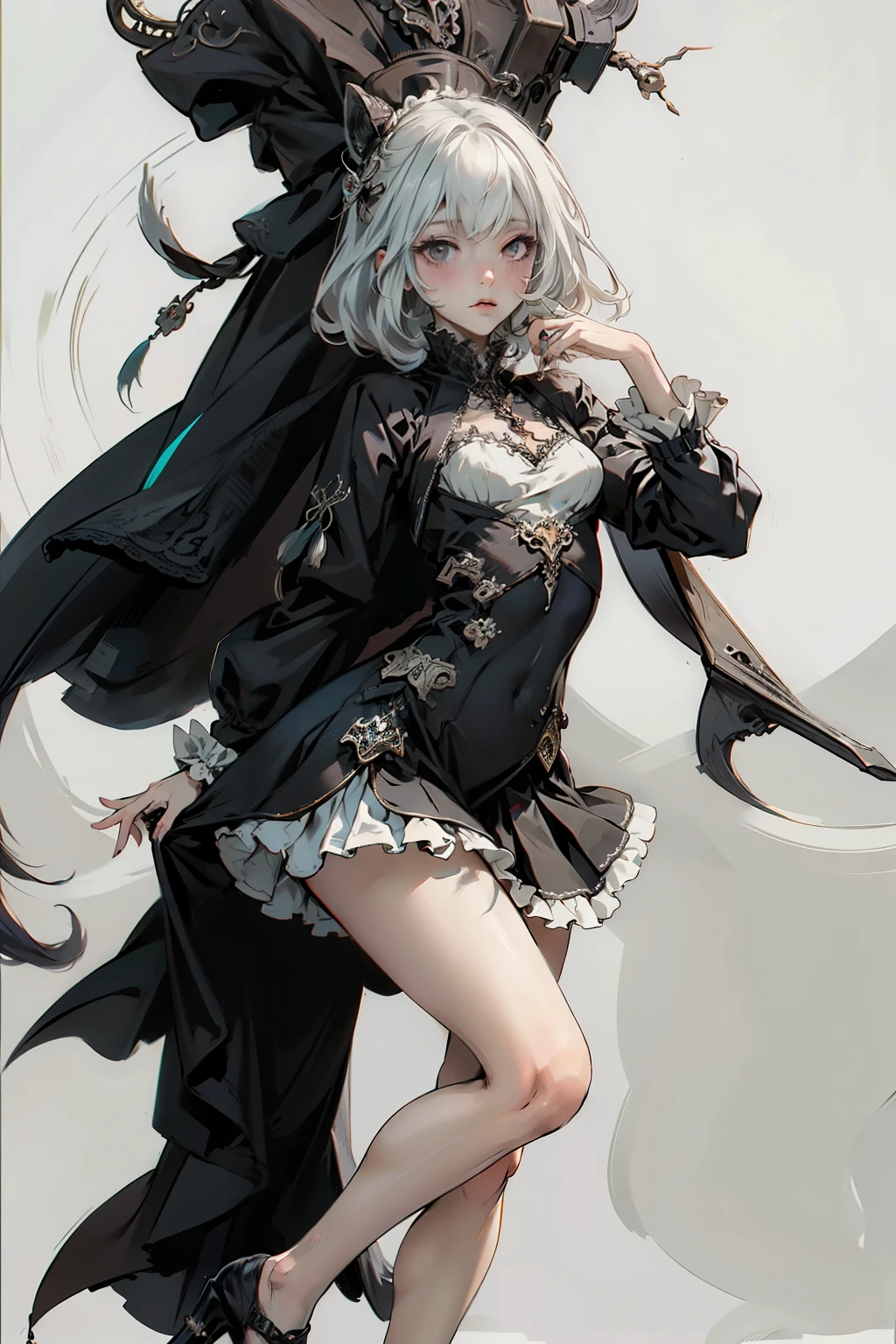 ((best quality)), ((masterpiece)), (detailed), blank white background, plain background, white background, Bloodborne inspired, occult aesthetic, occult, detailed and intricate steampunk and detailed gothic, NSFW, Very dramatic and cinematic lighting, cosmic horror, grim-dark, side-lighting, perfect face, NSFW, Fluttering lace flared long knee length dress with frilly petticoats, knee length dress, pleated petticoats, ta dress, petticoats gothic loliside-lighting, gothic lolita aetic, beautiful small breasts, small breasts, full body, whole body, body, plain background, white background, blank background, no background, white background NSFW, full body, whole body, head-to-toe