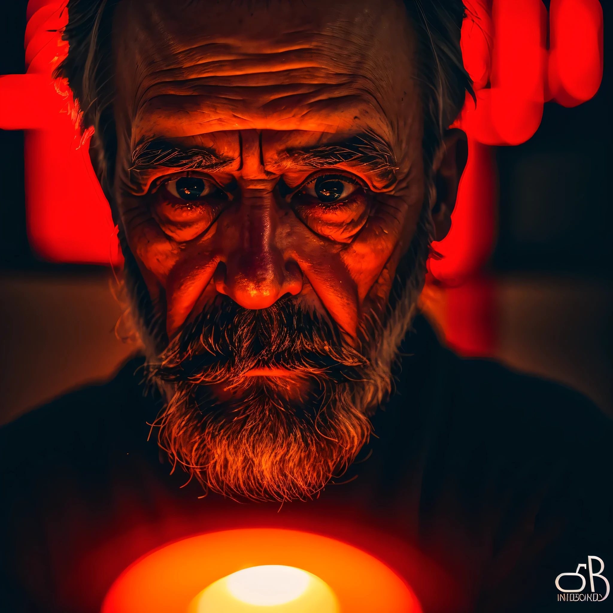 A close-up shot of 60 years bearded old man looking into the camera, realistic details, photo taken with a Nikon D850, a shallow depth of field, lit by intense red neon light outlining his fierce, enigmatic features with a focus on his eyes