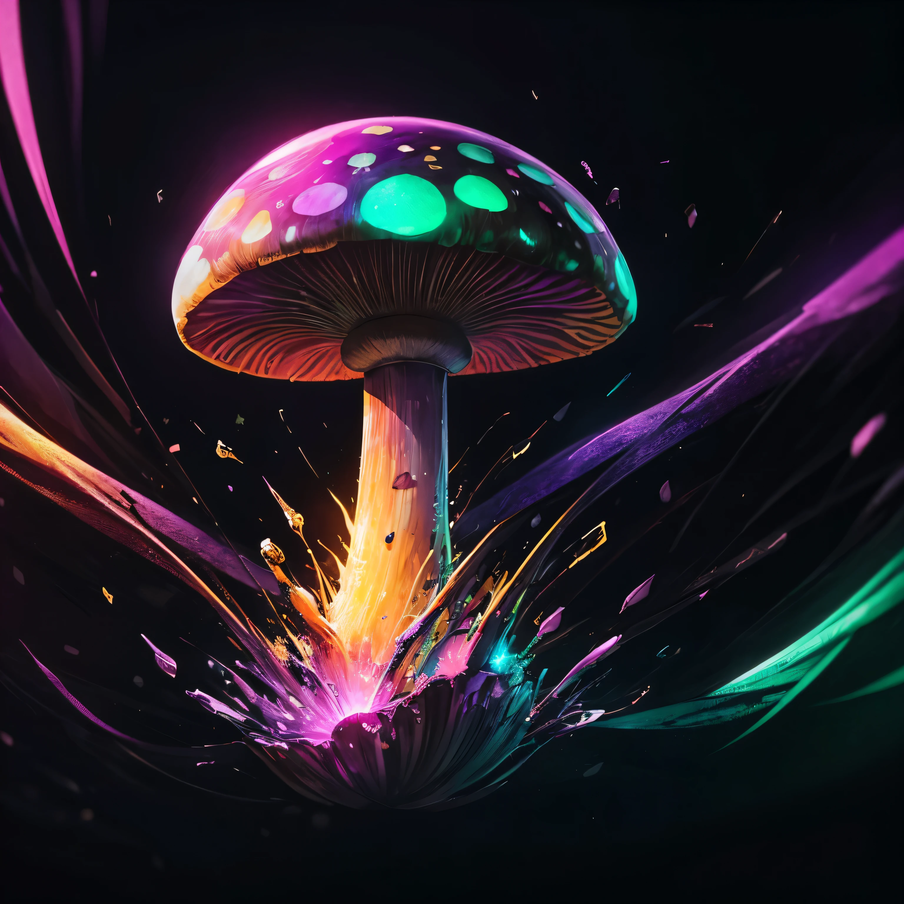 logo design centered vector illustration, watercolor, chrome oil painting of a mushroom with many eyes, black background sparks, cores verde neon, pink e roxo alta qualidade, melhor qualidade, texturizado perfeitamente, dramatic luminosity, octane render 8K