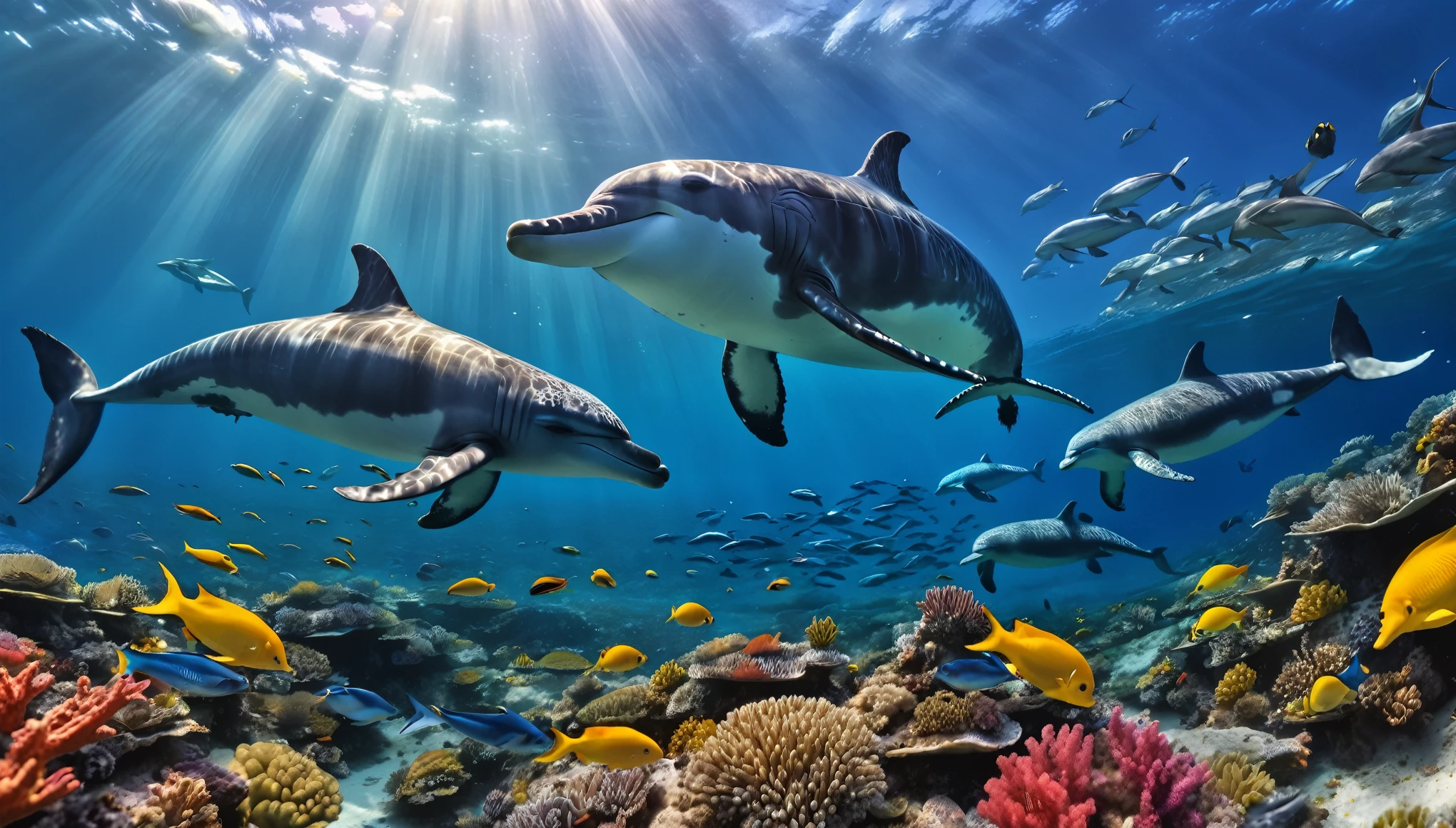 a school of vibrant colorful fish, playful dolphins, majestic whales, stunning coral reefs, seahorses, sea turtles,( best quality, 4k, 8k, highres, masterpiece:1.2), ultra-detailed,(realistic, photorealistic, photo-realistic:1.37), HDR, UHD, studio lighting, ultra-fine painting, sharp focus, physically-based rendering, extreme detail description, professional, vivid colors, bokeh, underwater, ocean, seascape, nature, wildlife, beautiful, detailed