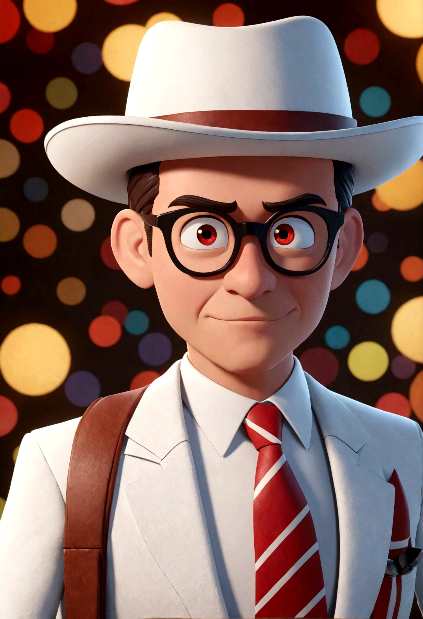 Pixar style cartoon character of a man with red tie and white suit, white hat with a red stripe animation character, Stylized character, animation style rendering, 3D stylized, Arnold Maya render, 3d stylized render, toon render keyshot , 3D Character, 3D Character, stylized 3d rendering, 3 d character render, cartoon character, Close up character, Character pose, (Pixar Style) (master part:1.2) (Bokeh) (best quality) (detailed skin ) (detailed texture) (8k) (clay) (Cinematic lighting) (sharp focus