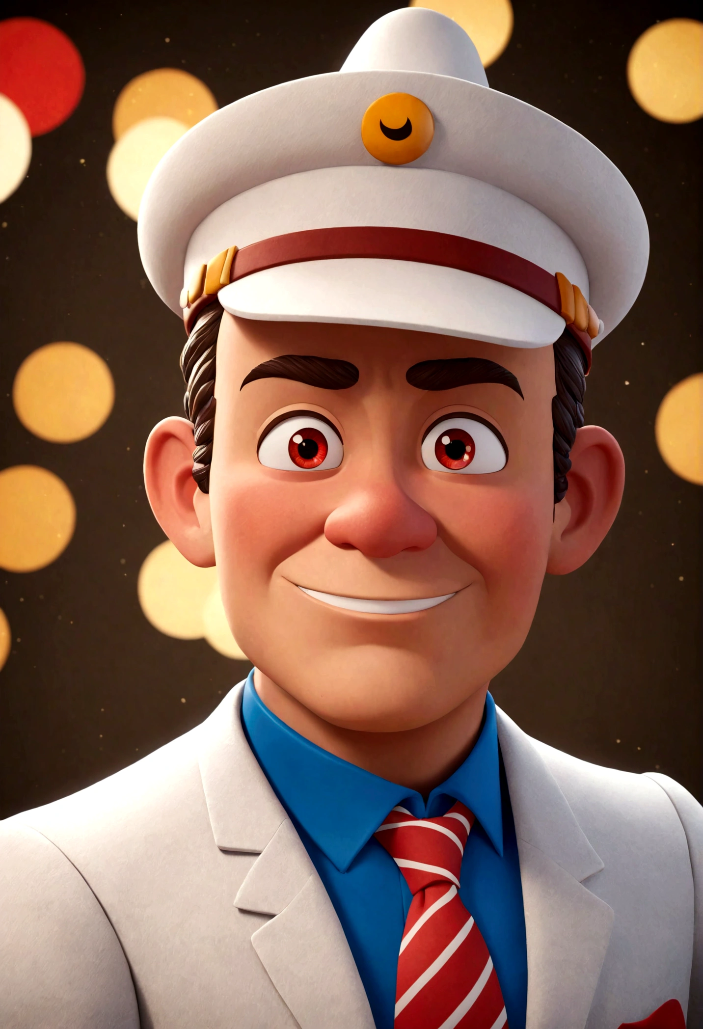 Pixar style cartoon character of a man with red tie and white suit, white hat with a red stripe animation character, Stylized character, animation style rendering, 3D stylized, Arnold Maya render, 3d stylized render, toon render keyshot , 3D Character, 3D Character, stylized 3d rendering, 3 d character render, cartoon character, Close up character, Character pose, (Pixar Style) (master part:1.2) (Bokeh) (best quality) (detailed skin ) (detailed texture) (8k) (clay) (Cinematic lighting) (sharp focus