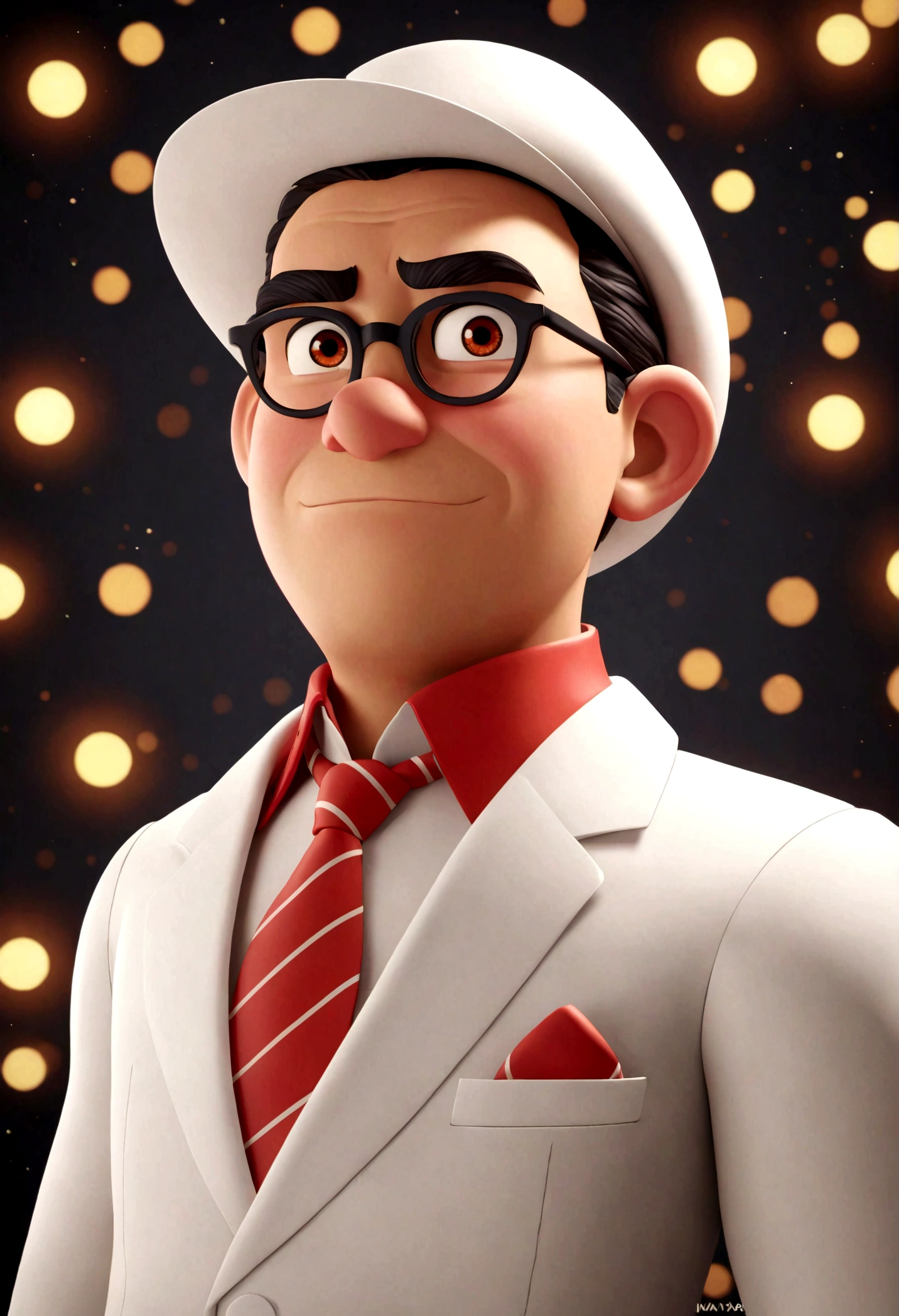 Pixar style cartoon character of a man with red tie and white suit, white hat with a red stripe animation character, Stylized character, animation style rendering, 3D stylized, Arnold Maya render, 3d stylized render, toon render keyshot , 3D Character, 3D Character, stylized 3d rendering, 3 d character render, cartoon character, Close up character, Character pose, (Pixar Style) (master part:1.2) (Bokeh) (best quality) (detailed skin ) (detailed texture) (8k) (clay) (Cinematic lighting) (sharp focus
