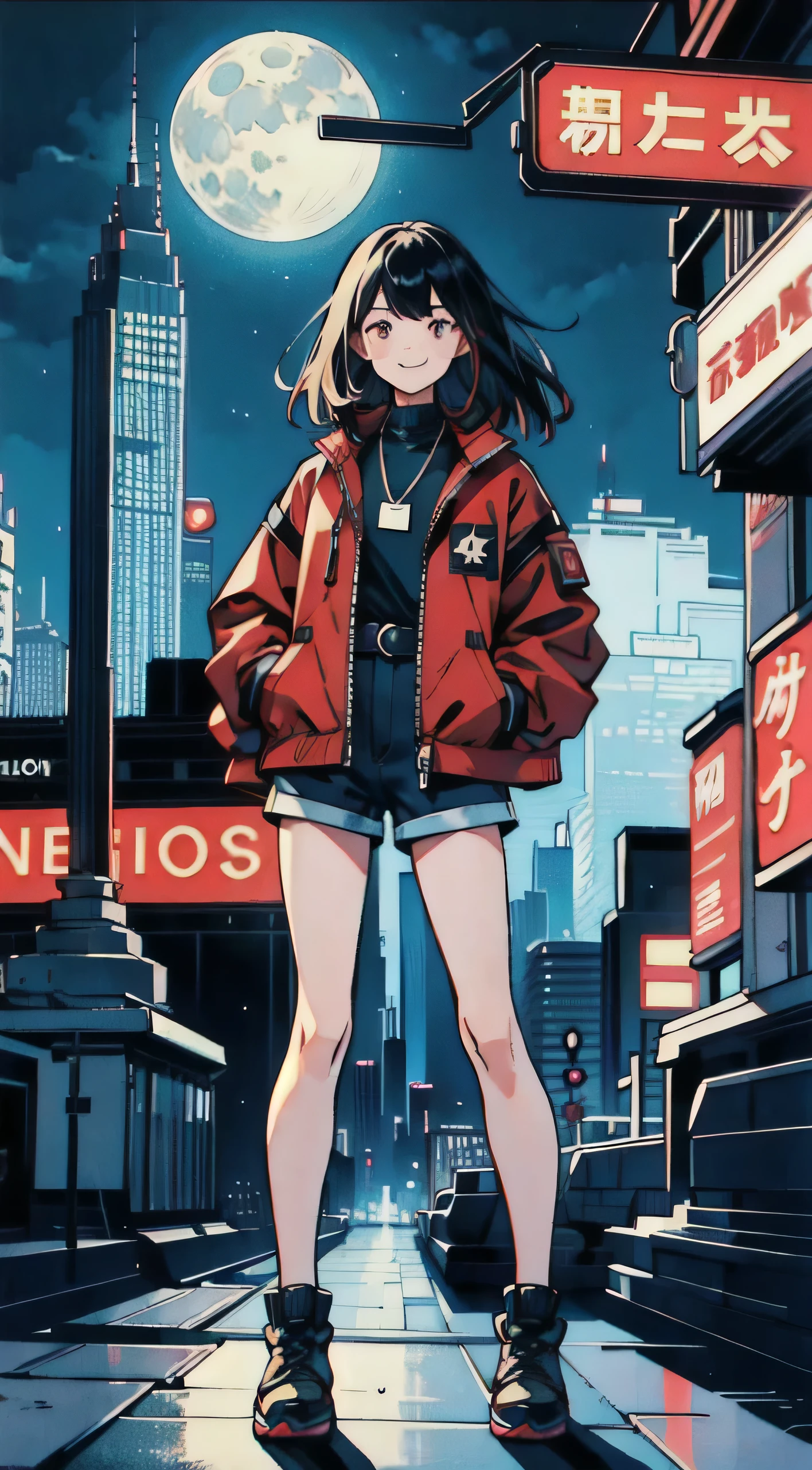 Retro、Neon city at night、A girl with long bl。ack hair is smiling、Techno Pop、Shorts、Big moon in the background、Red jacket