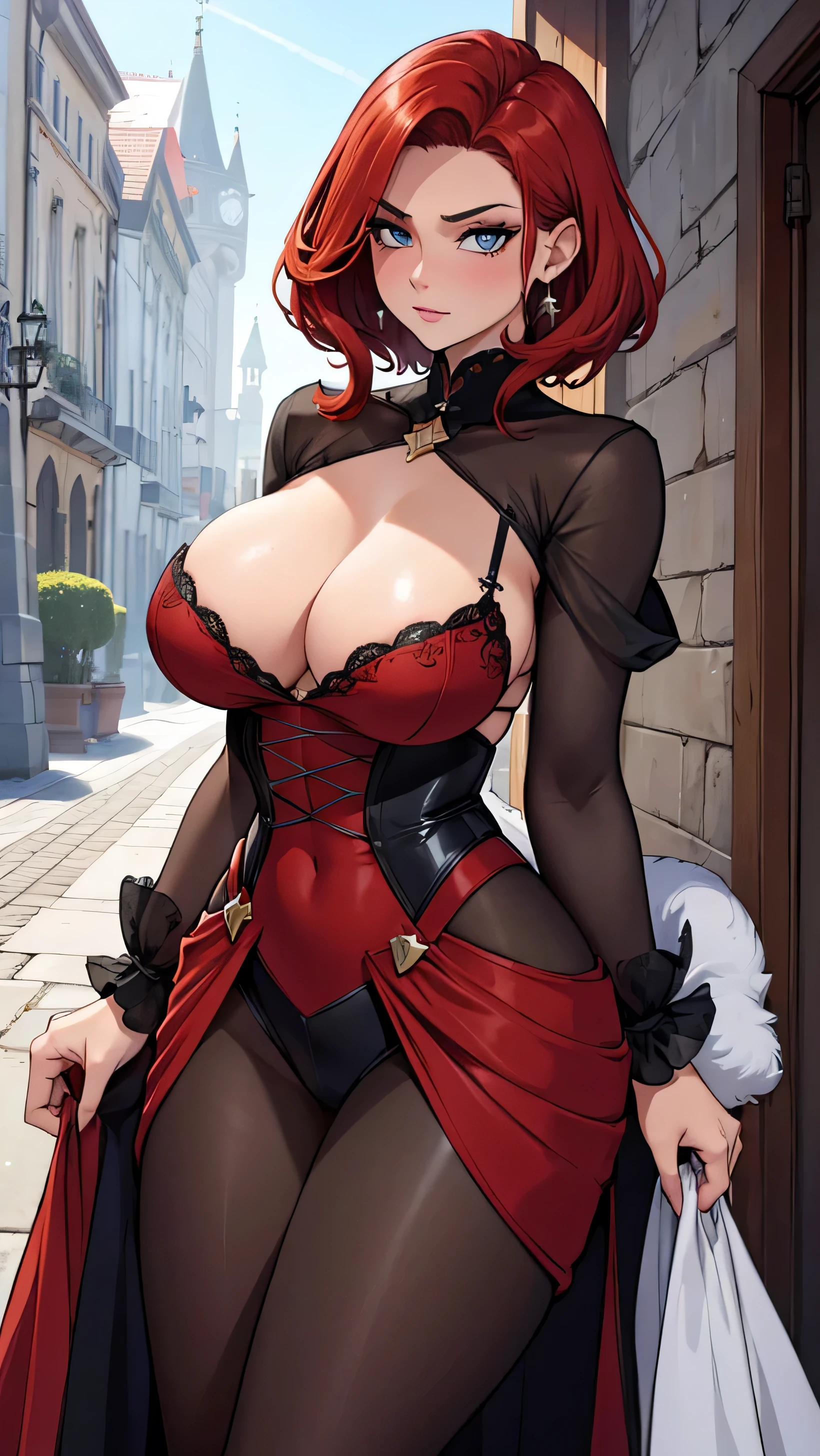 Best quality, detailed, une fille, Cheveux courts, ????, gothique, expressive, robe gothique, yeux rouge, regarder le spectateur, regard intense, square cut, seins ????, hanche large, Tout le corps