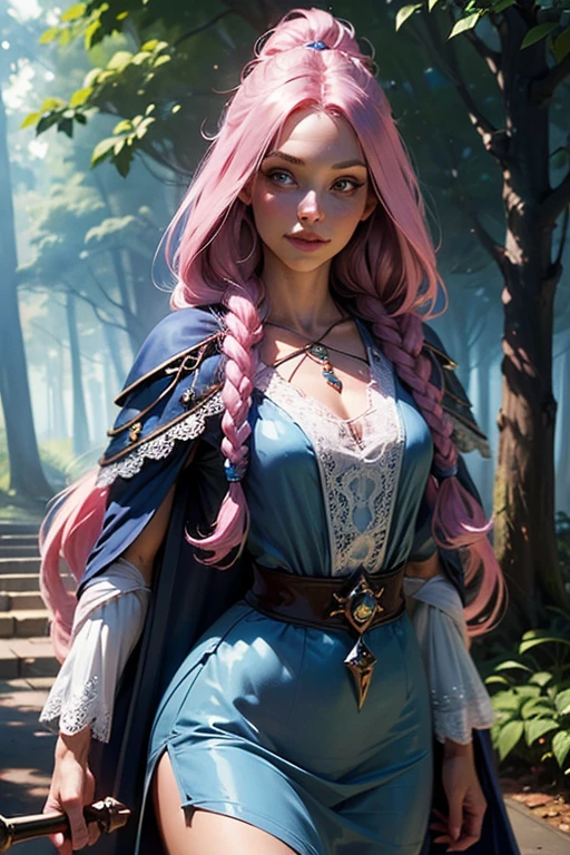  a girl, ((young girl)), slim, long pink hair in layered braids, vibrant pink hair. Blue eyes, long nose, round nose, (((detailed eyes))), round cheeks, full cheeks, youthful face, Soft jaw, round jaw, babyface,  bright smile, happy. Wearing a ((dark blue)) and white wizard robe, white lace, short skirt, holding a wand. Fantasy. Good eyes, slim chest, flat chest. Magical forest background, leafy trees provide shade. Show her walking, looking to the side.