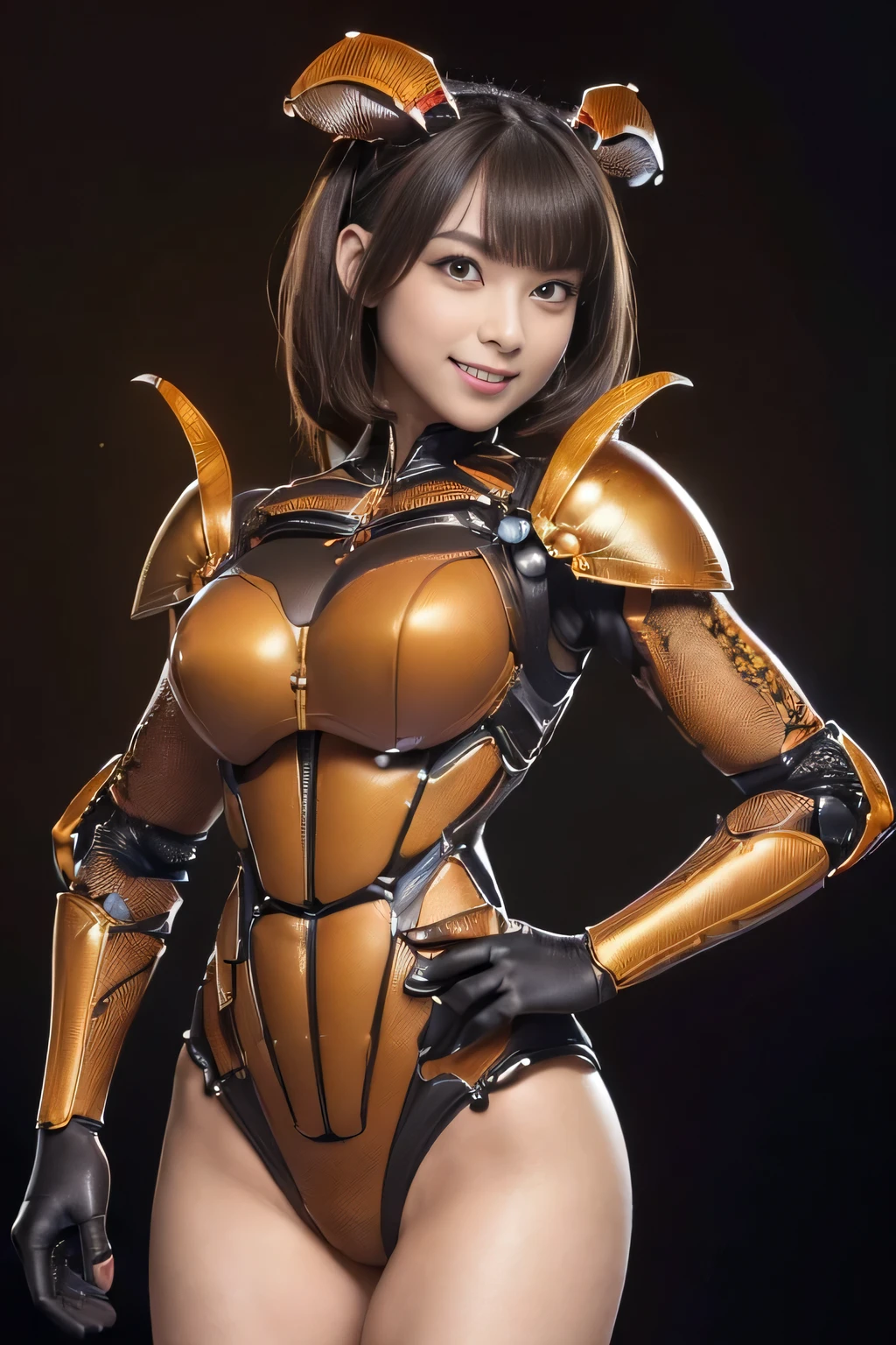 (high resolution,masterpiece,best quality,extremely detailed CG, anime, official art:1.4), realistic, photo, amazing fine details, all intricate, gloss and shiny,awesome many layers, 8k wall paper, 3d, sketch, kawaii, illustration,( solo:1.4), perfect female proportion,villainess, (fusion of dark brown cockroach and lady:1.4), (brown cockroach form lady:1.2), (brown cockroach lady:1.2), (fusion:1.2), (solo:1.4), (evil smile:1.2), muscular, abs, (cockroach brown exoskeleton bio insect suit:1.4), (cockroach brown exoskeleton bio insect armor:1.2), (brown transparency cockroach wing:1.4), (brown cockroach antennae:1.3),