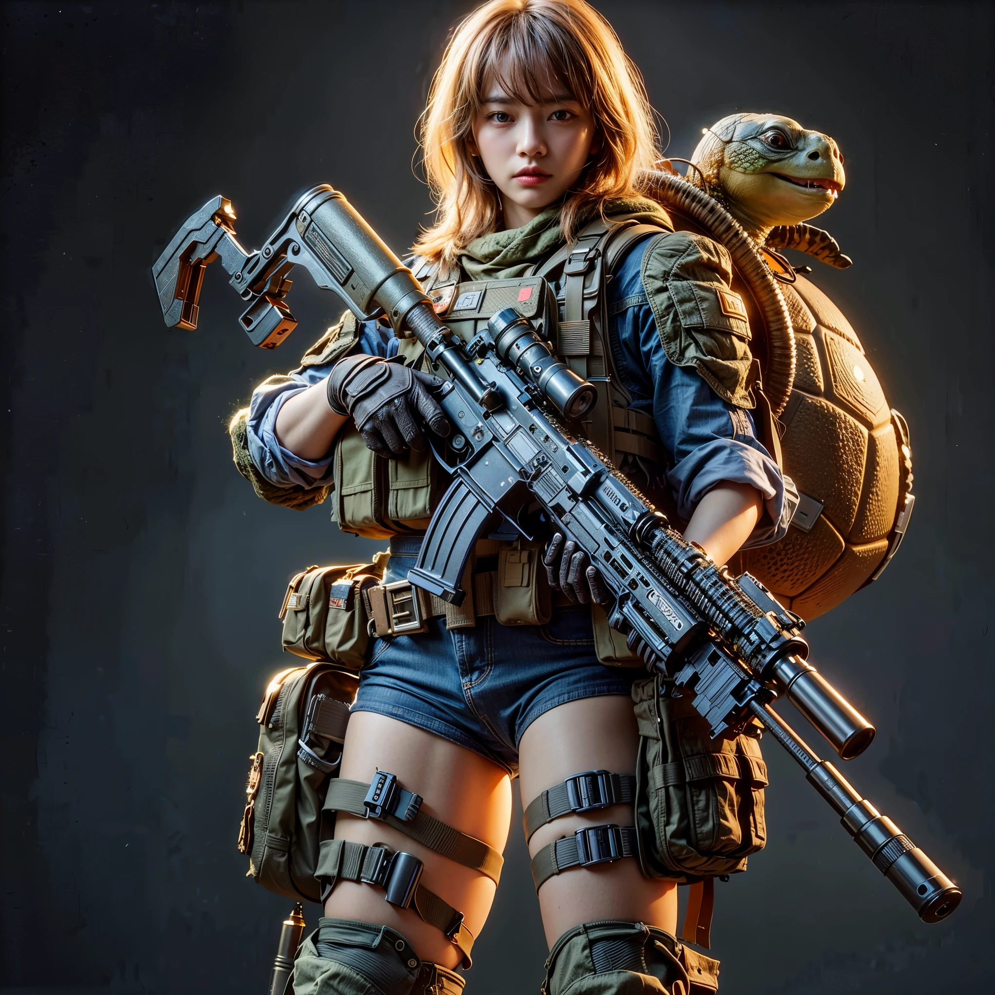 ultra high res,8k,(Photorealsitic:1.4), (turtle-like animal wear:1.2), designed by Hajime Katoki,heavy weapons,vivid textures,animal legs, gradation hair, japanese female soldier,(ultra beautiful face),((super realistic all textures)), ((super intricate all details)), full body shot, ultra sharp photo result, Acrylic Clear Cover, Hydraulic cylinder, style, taken with Fuji film X-T30+Nokton. HDR10,Minimum of 4 pieces created