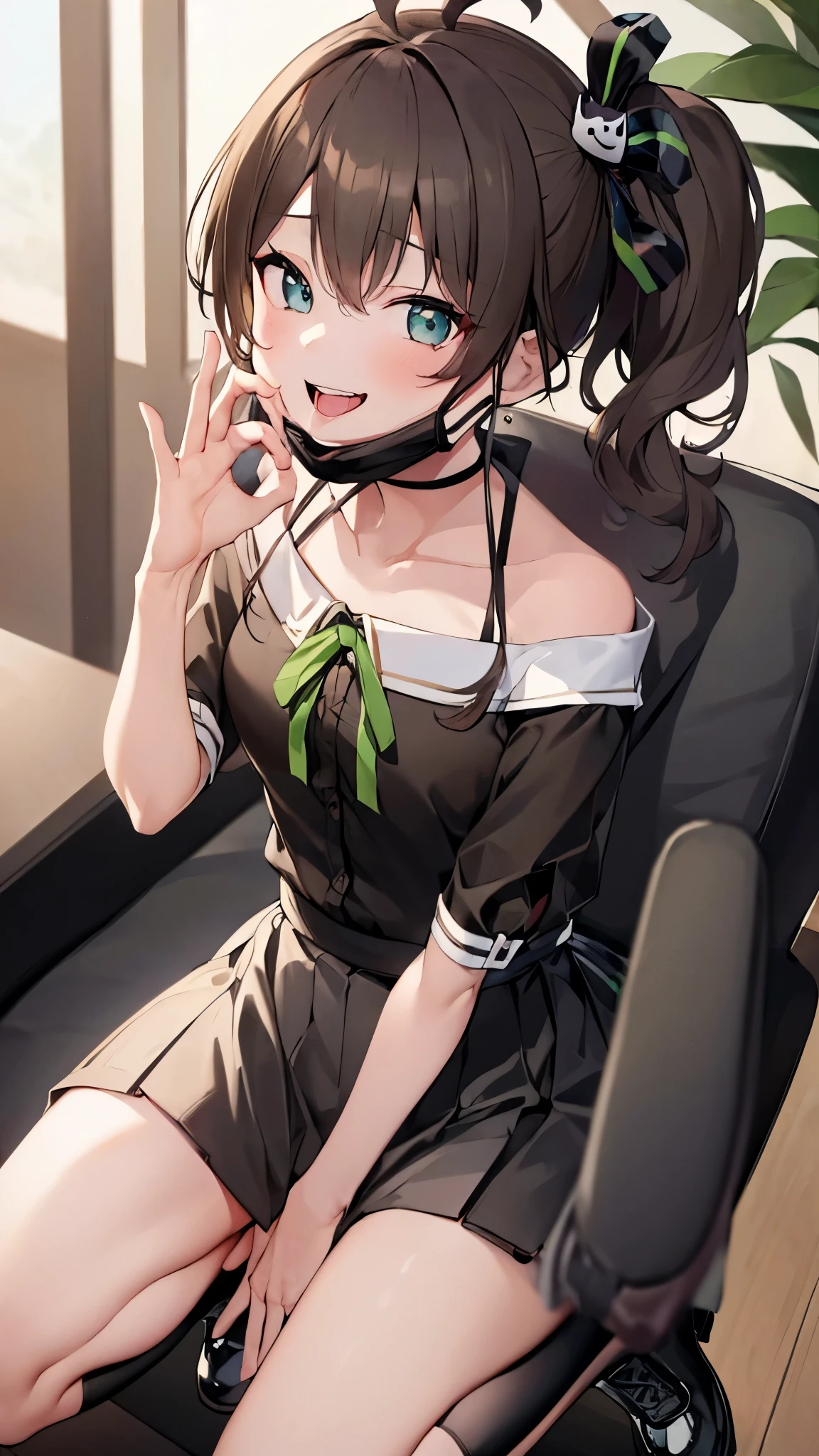  ((((Open your mouth))))、masterpiece,highest quality,High resolution,Very detailed,bb Festival,meだium hair,skinny,Ahoge,Brown Hair,(((((  Captivating smile ))))),skinny,Hair between the eyes,bangs,Hair Ribbon,Black Choker,Earrings,Black Ribbon,plaiだ shirt,Grey Shirt,shoulだer cutout,Short sleeve,See-through sleeves,Black Skirt,High Waist Skirt,Race,(((( Perfect Fingers )))) ,  shoes,(black shoes:1.4),Race trim,shoes,Black footwear,indoor,(Cafe:1.2),((Blowjob Gestures:1.5))、Open your mouth ,Sitting,Chair,Heavy breathing ,Hand in front of your mouth,Hand in front of mouth, manga,text,magazine、(Black mask:1.2, mask pull:1.3)