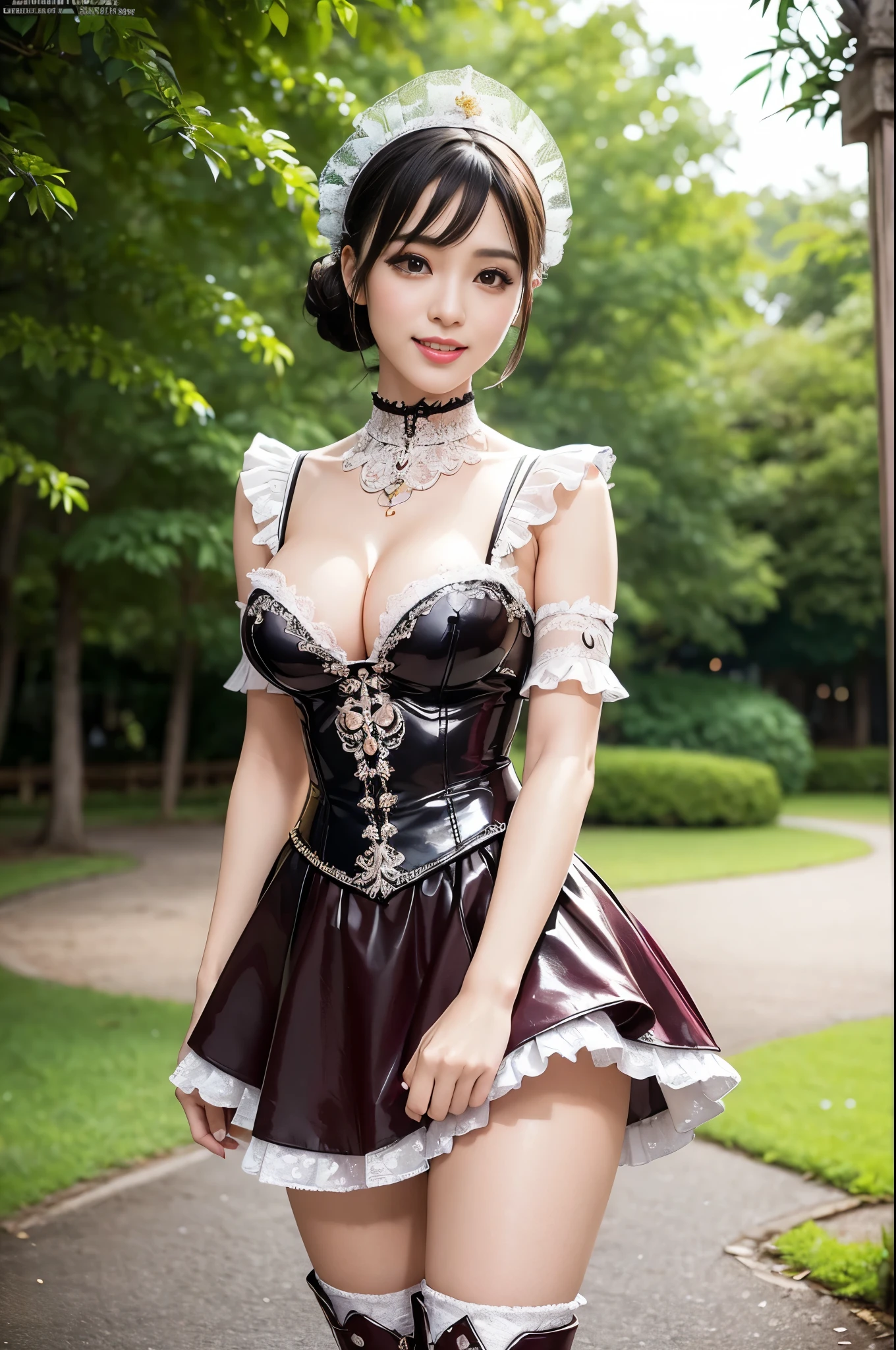 nsfw, sexy stylish Thai model, only 1 female, ((doll-like appearance)), short Mahogany stylish hair, ((shiny Victorian-Style boots)), (big smile), ultra detailed eyes, vivid eye makeup, lipgloss, long lashes, defined eyebrows, ((sexy Paradise Kiss cosplay)), bell-shaped skirt, petticoats, high neckline, puffed sleeves, ((ultra detailed lace)), ((ultra detailed embroidery)), intricate details, Paradise Kiss accessoires and matching headpiece, choker, ((large sparkling Paradise Kiss jewelry)), cinematic light, detailed large park background with trees