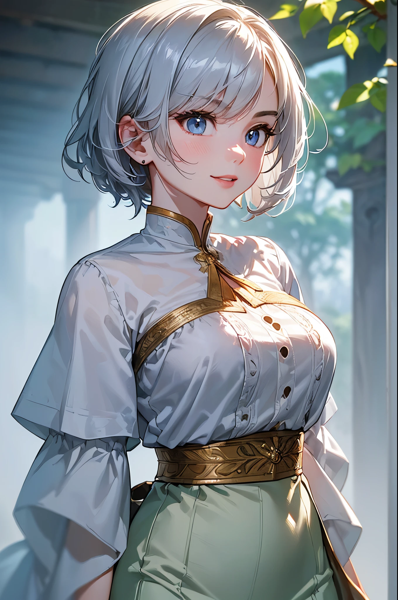((Biologically correct limb count))、(( Illustrations including faces))、4K、Masterpiece、((Focus on the face))、((Symmetrical, well-proportioned facial features))、Eyes with delicate depictions、Beautiful woman、Outstanding style、Slender Body、(uniform、shirt、High heels、((skirt)))、(Looking up、smile)、((Upper body close-up))、((Realistic photo))、profile、The background is a park full of greenery in the morning、The old castle is faintly visible、(((Thick Fog、The fog makes it hard to see)))