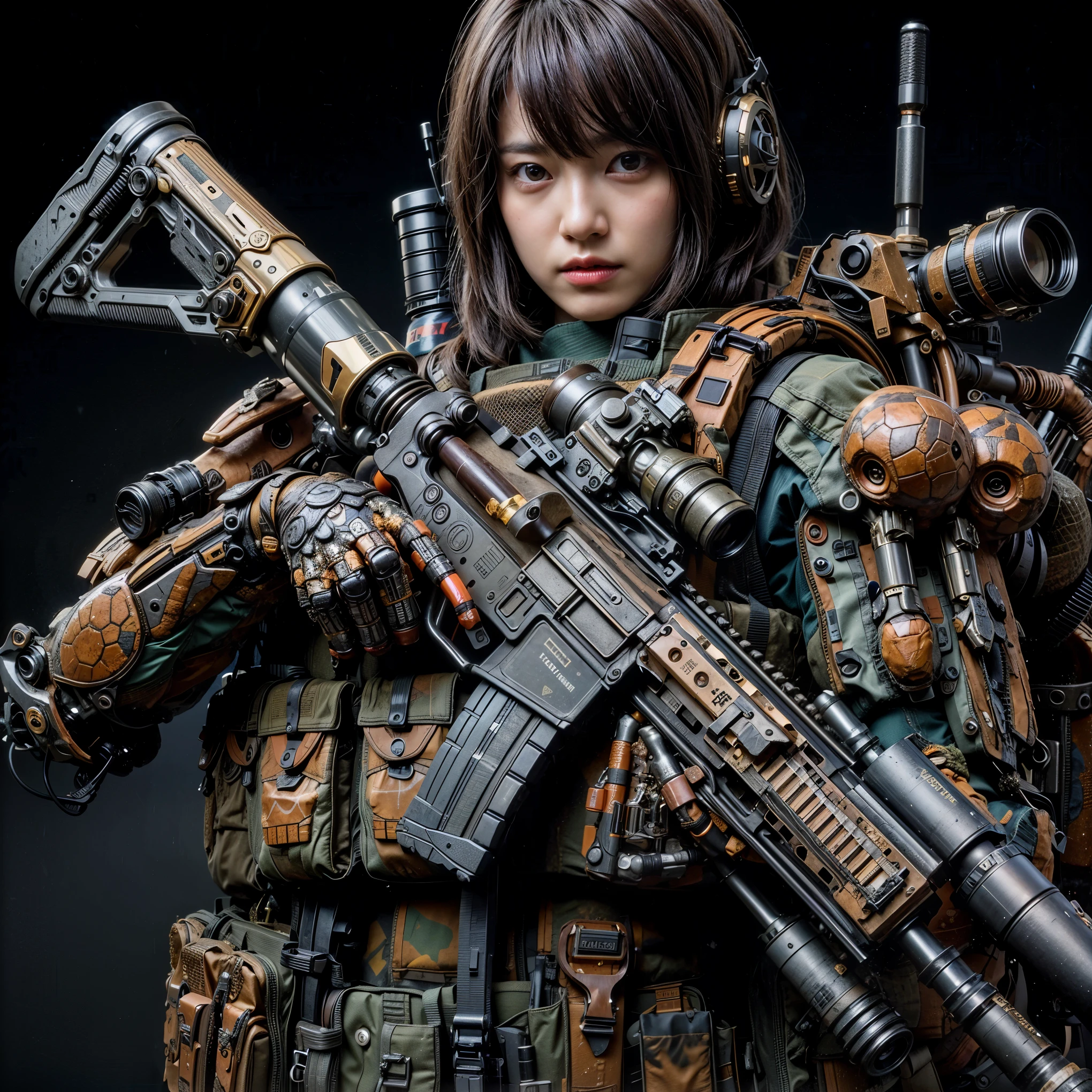 ultra high res,8k,(Photorealsitic:1.4), (turtle-like animal wear:1.2), designed by Hajime Katoki,heavy weapons,vivid textures,animal legs, gradation hair, japanese female soldier,(ultra beautiful face),((super realistic all textures)), ((super intricate all details)), full body shot, ultra sharp photo result, Acrylic Clear Cover, Hydraulic cylinder, style, taken with Fuji film X-T30+Nokton. HDR10,Minimum of 4 pieces created