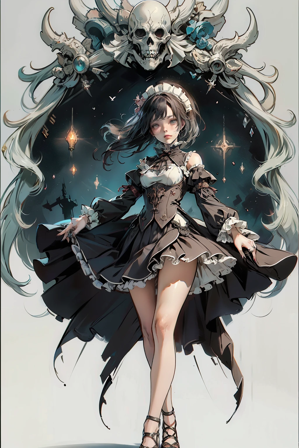 ((best quality)), ((masterpiece)), (detailed), blank white background, plain background, white background, Bloodborne inspired,  occult aesthetic, occult, detailed and intricate steampunk and detailed gothic, NSFW, Very dramatic and cinematic lighting, cosmic horror, grim-dark, side-lighting, perfect face, NSFW, Fluttering lace flared long knee length dress with frilly petticoats, knee length dress, pleated petticoats, ta dress, petticoats gothic loliside-lighting, gothic lolita aetic, beautiful small breasts, small breasts, full body, whole body, body, plain background, white background, blank background, no background, white background NSFW, full body, whole body, head-to-toe